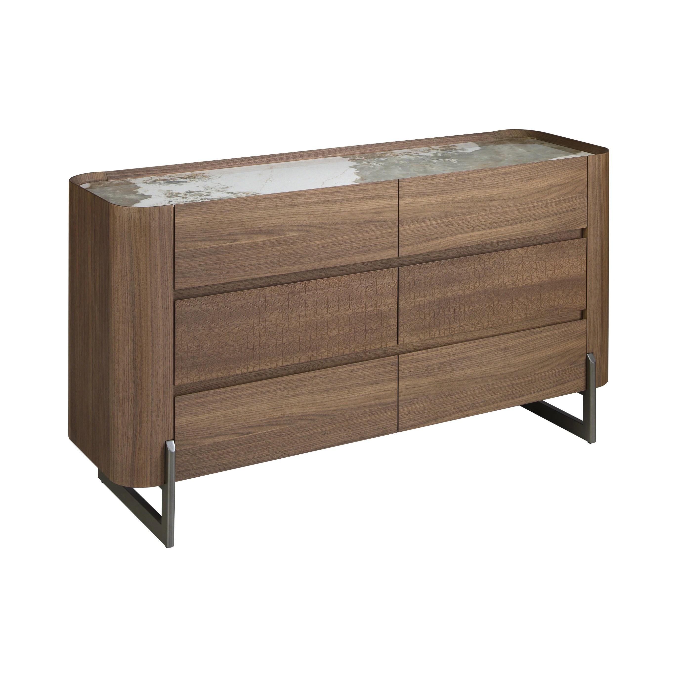 Commode en noyer et acier foncé métallisé avec plateau en marbre de porcelaine