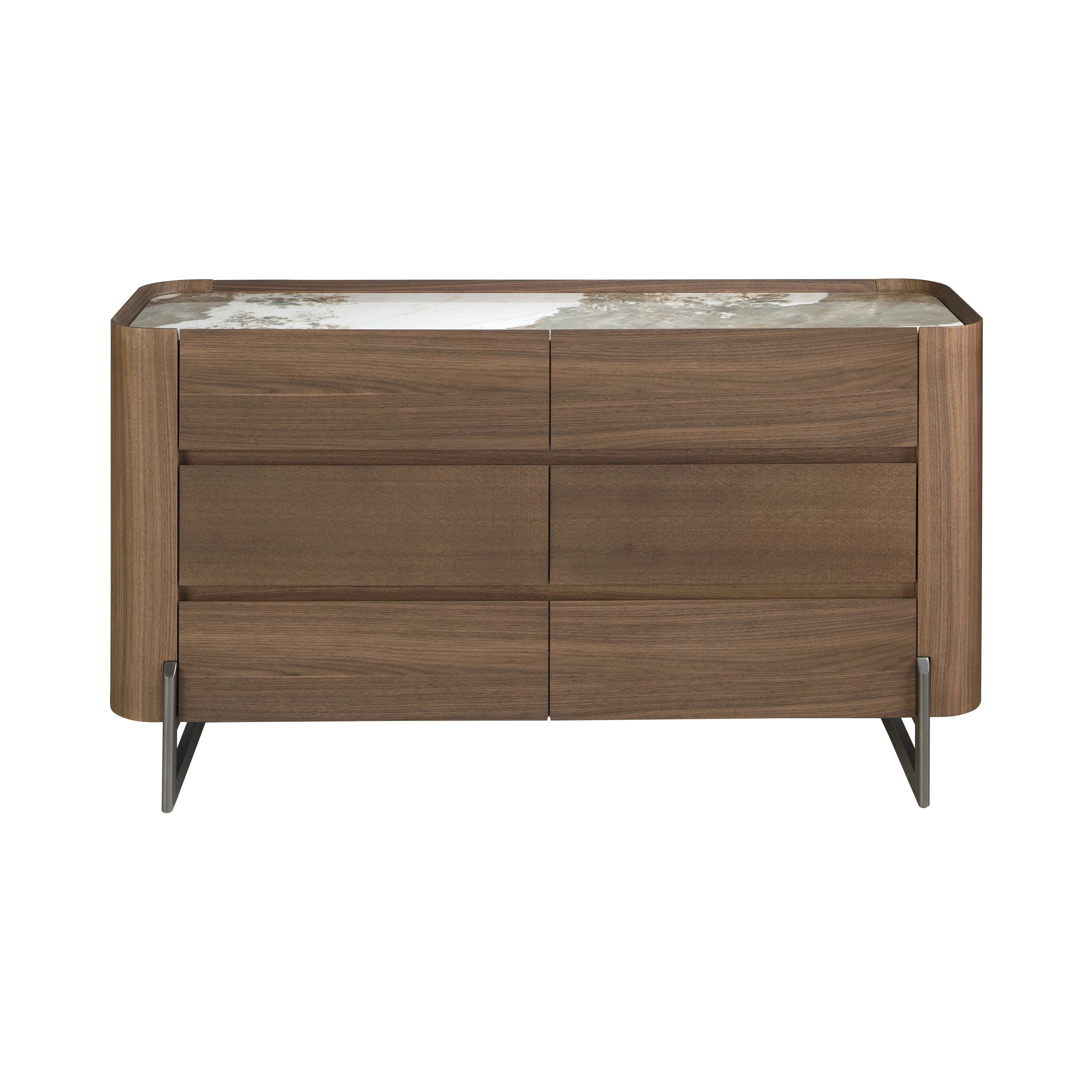 Commode en noyer et acier foncé métallisé avec plateau en marbre de porcelaine