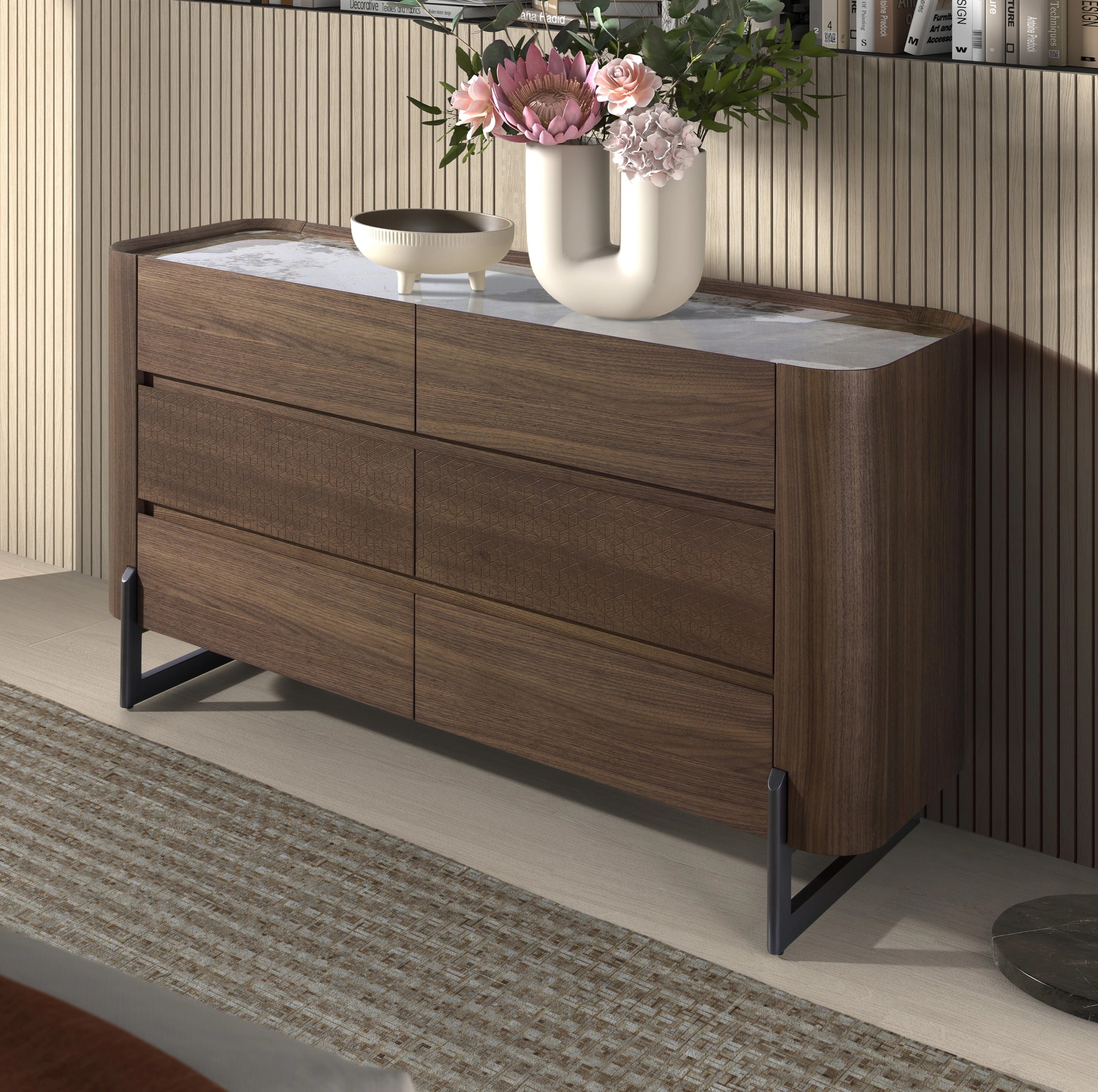 Commode en noyer et acier foncé métallisé avec plateau en marbre de porcelaine