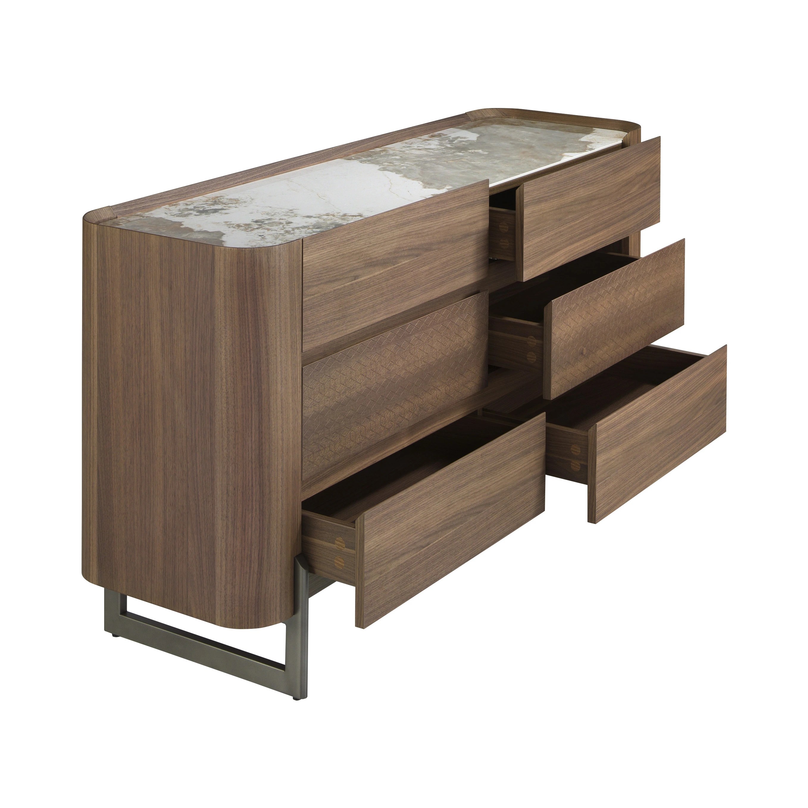 Commode en noyer et acier foncé métallisé avec plateau en marbre de porcelaine
