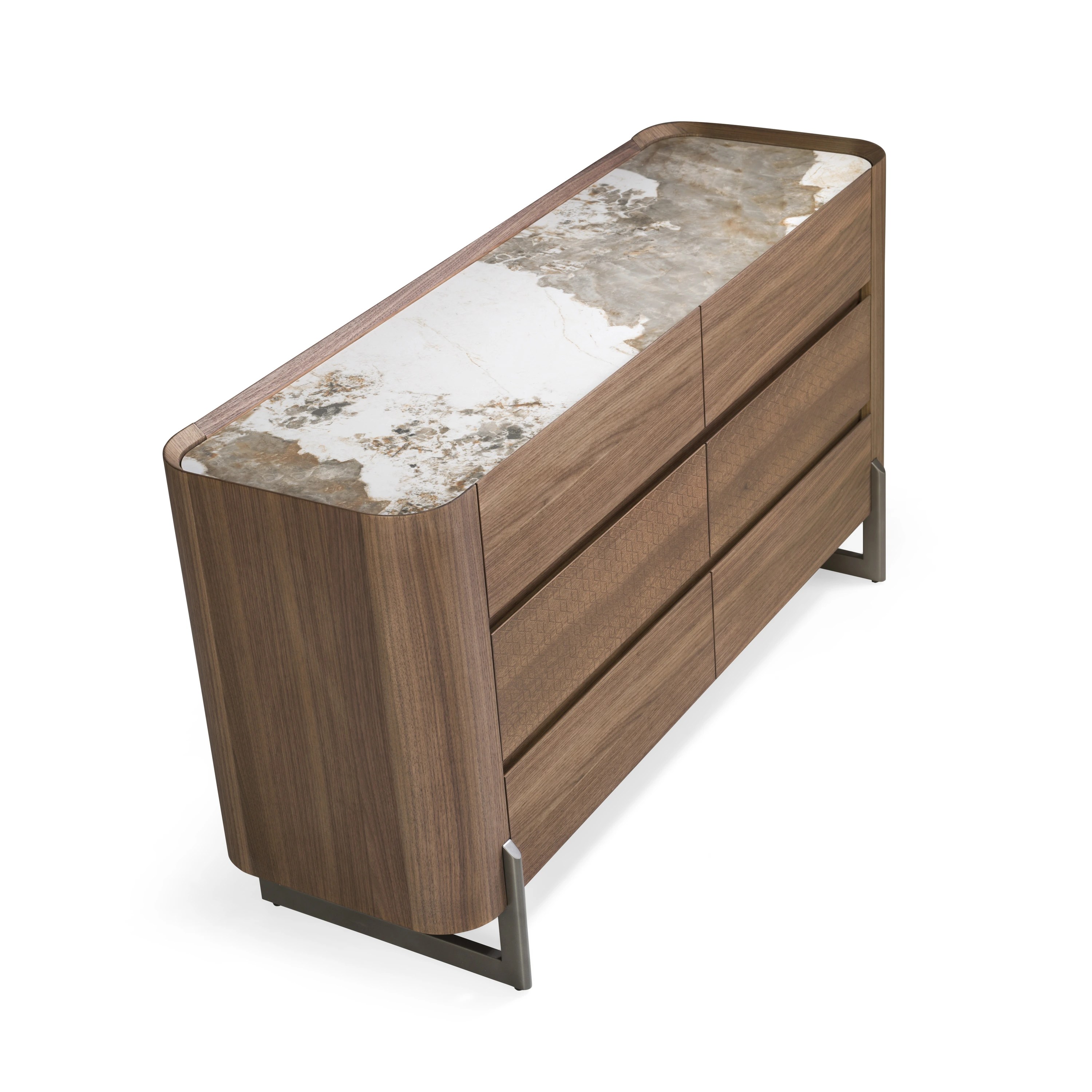 Commode en noyer et acier foncé métallisé avec plateau en marbre de porcelaine