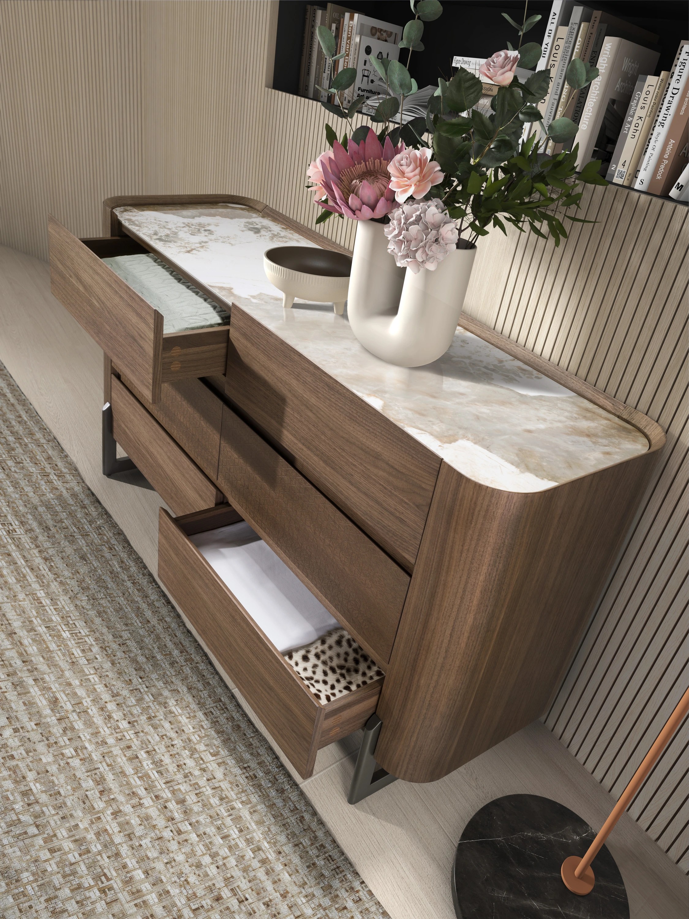 Commode en noyer et acier foncé métallisé avec plateau en marbre de porcelaine