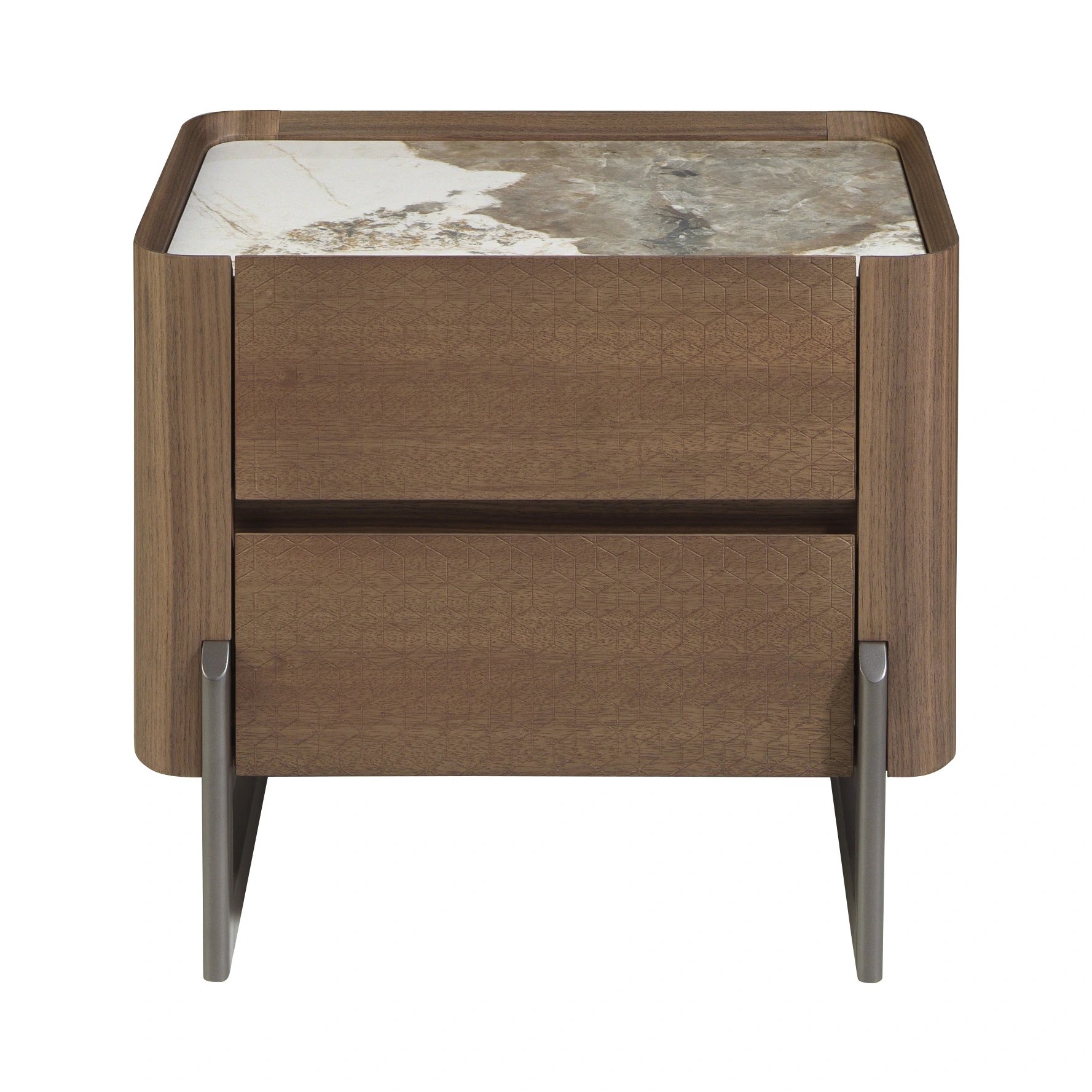 Table de chevet en noyer et acier métallisé foncé avec plateau en marbre de porcelaine