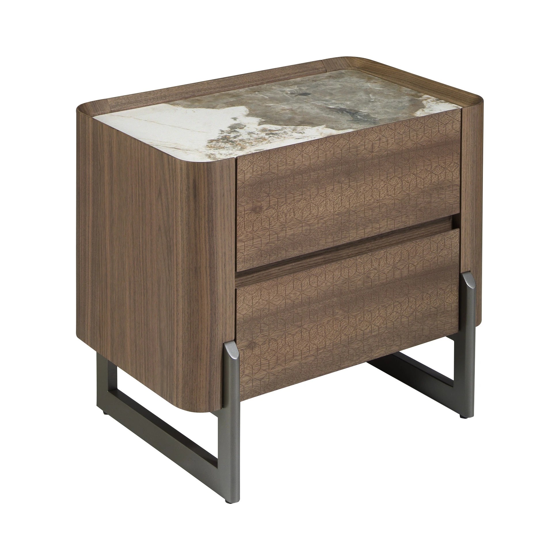 Table de chevet en noyer et acier métallisé foncé avec plateau en marbre de porcelaine