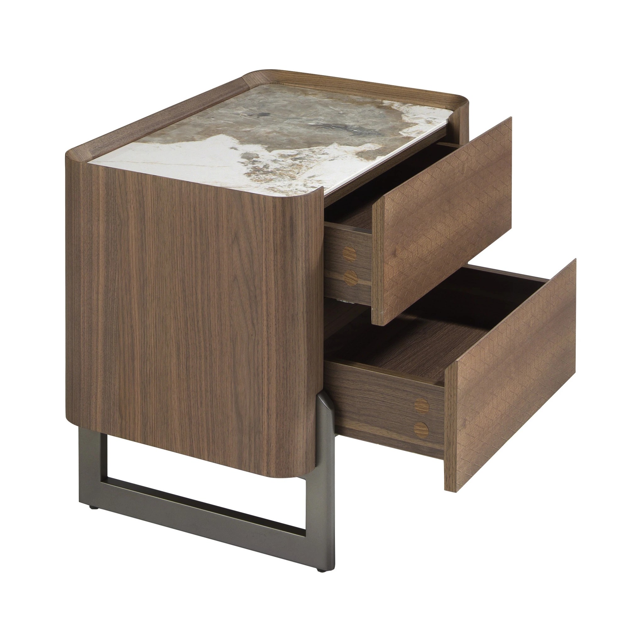 Table de chevet en noyer et acier métallisé foncé avec plateau en marbre de porcelaine