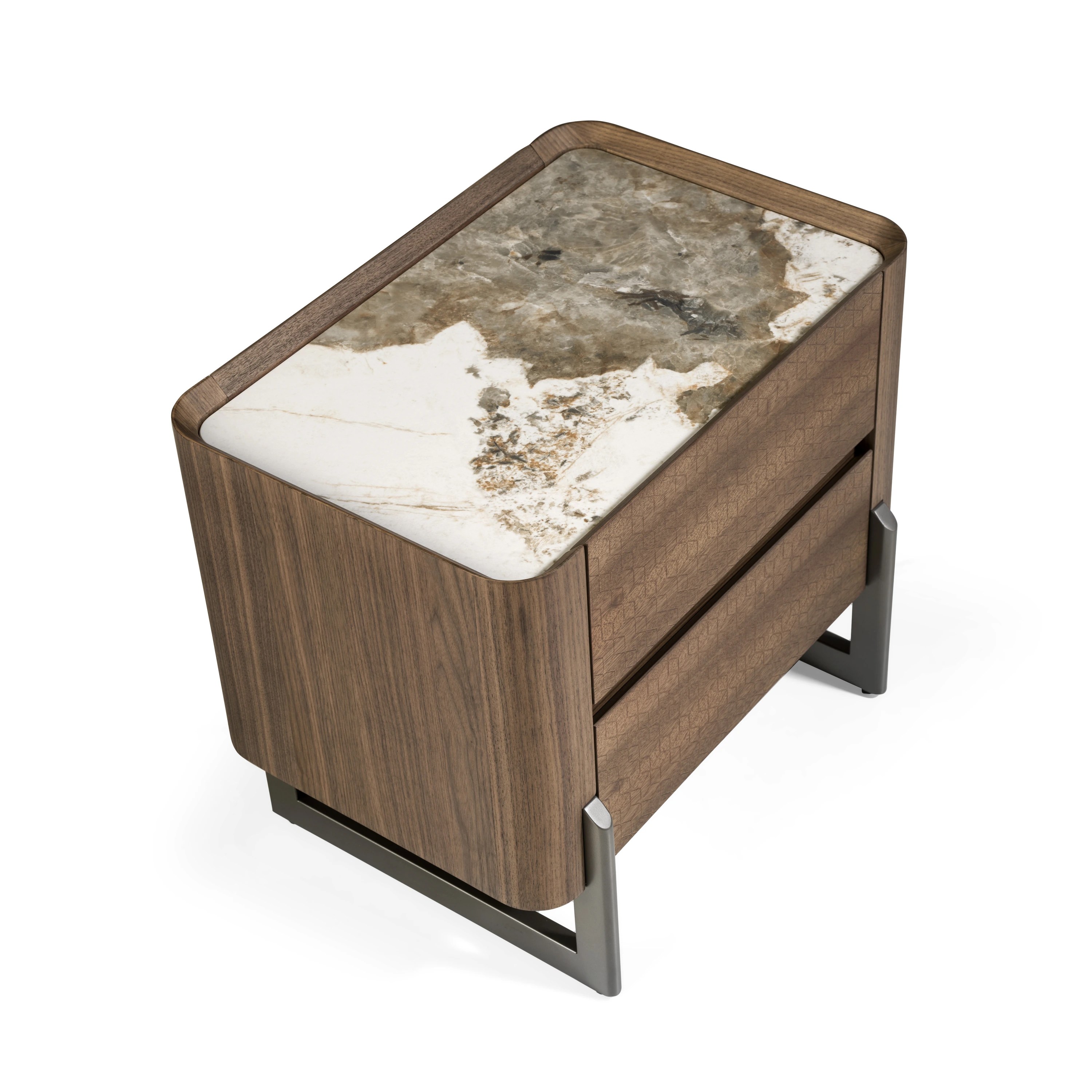 Table de chevet en noyer et acier métallisé foncé avec plateau en marbre de porcelaine