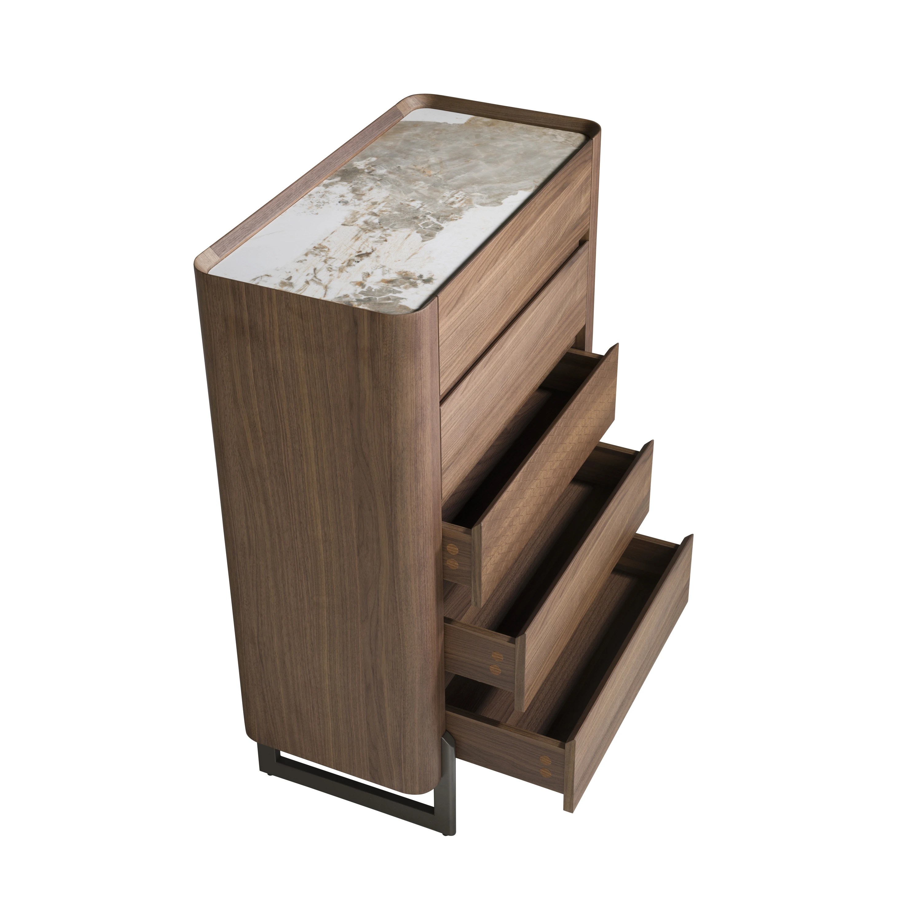 Chiffonnier en noyer et acier foncé métallisé avec plan en marbre de porcelaine