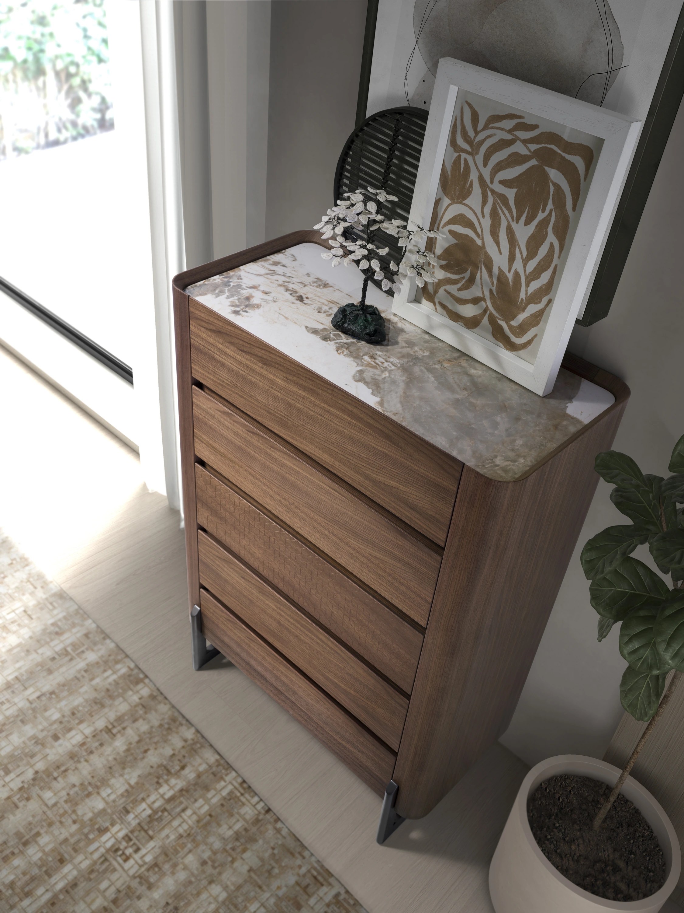 Chiffonnier en noyer et acier foncé métallisé avec plan en marbre de porcelaine