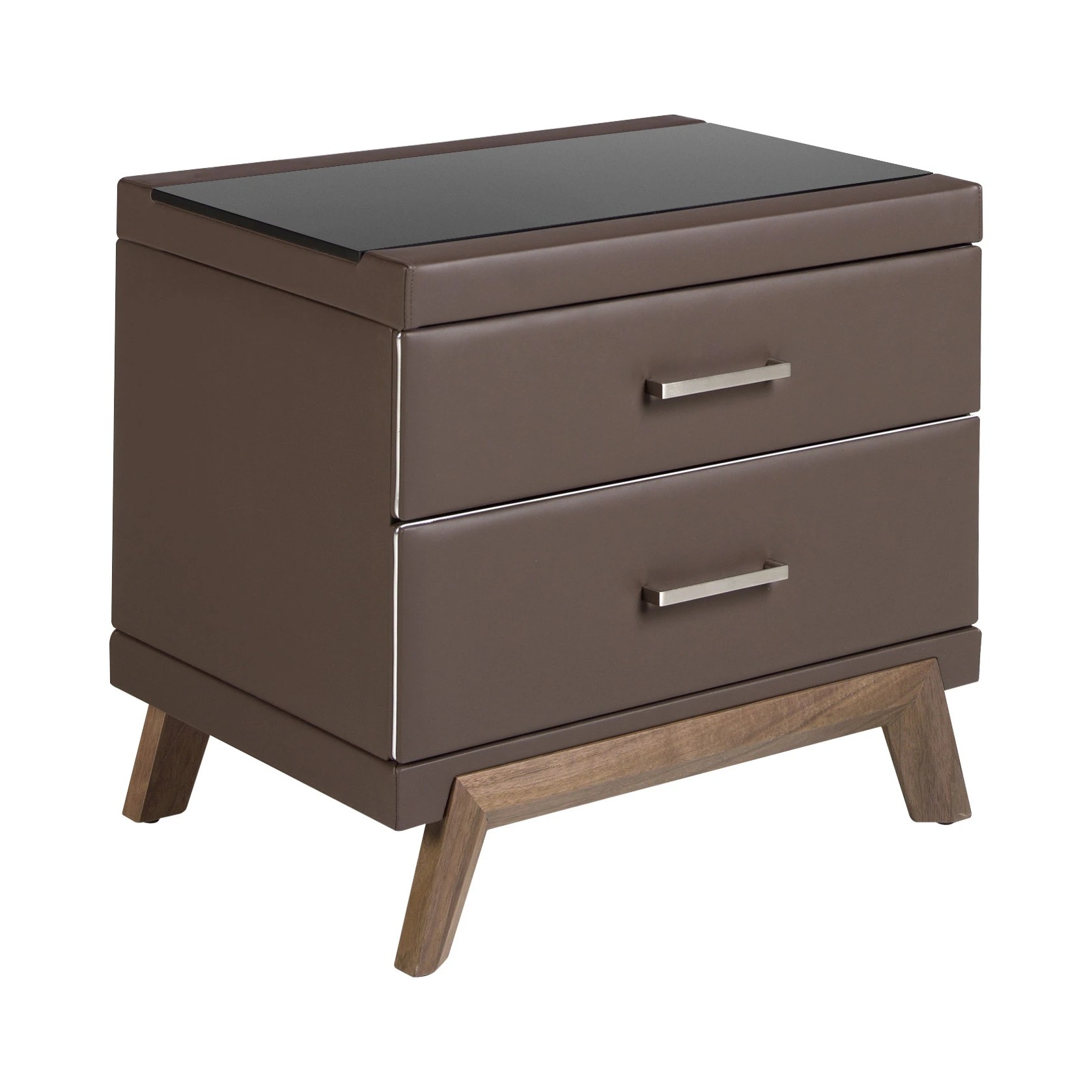 Table de chevet en simili cuir, noyer avec plateau en verre noir