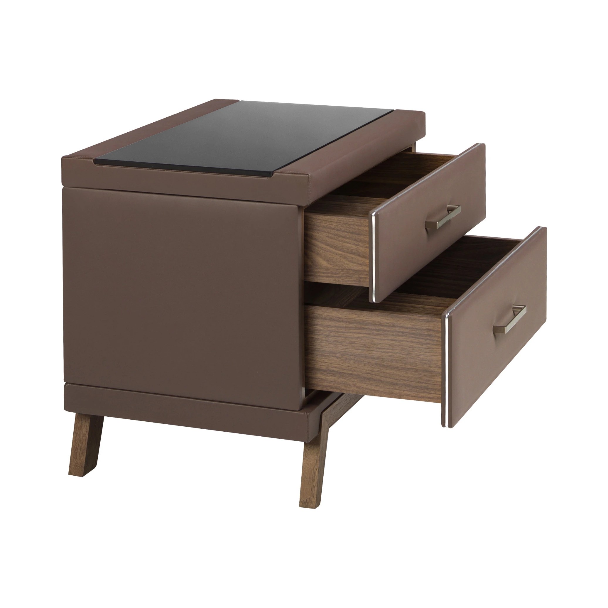 Table de chevet en simili cuir, noyer avec plateau en verre noir