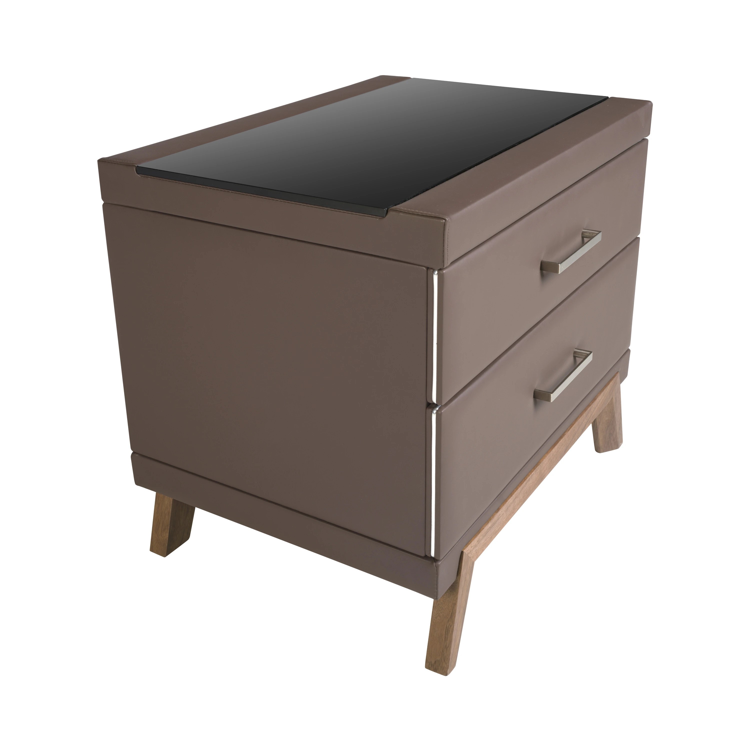Table de chevet en simili cuir, noyer avec plateau en verre noir