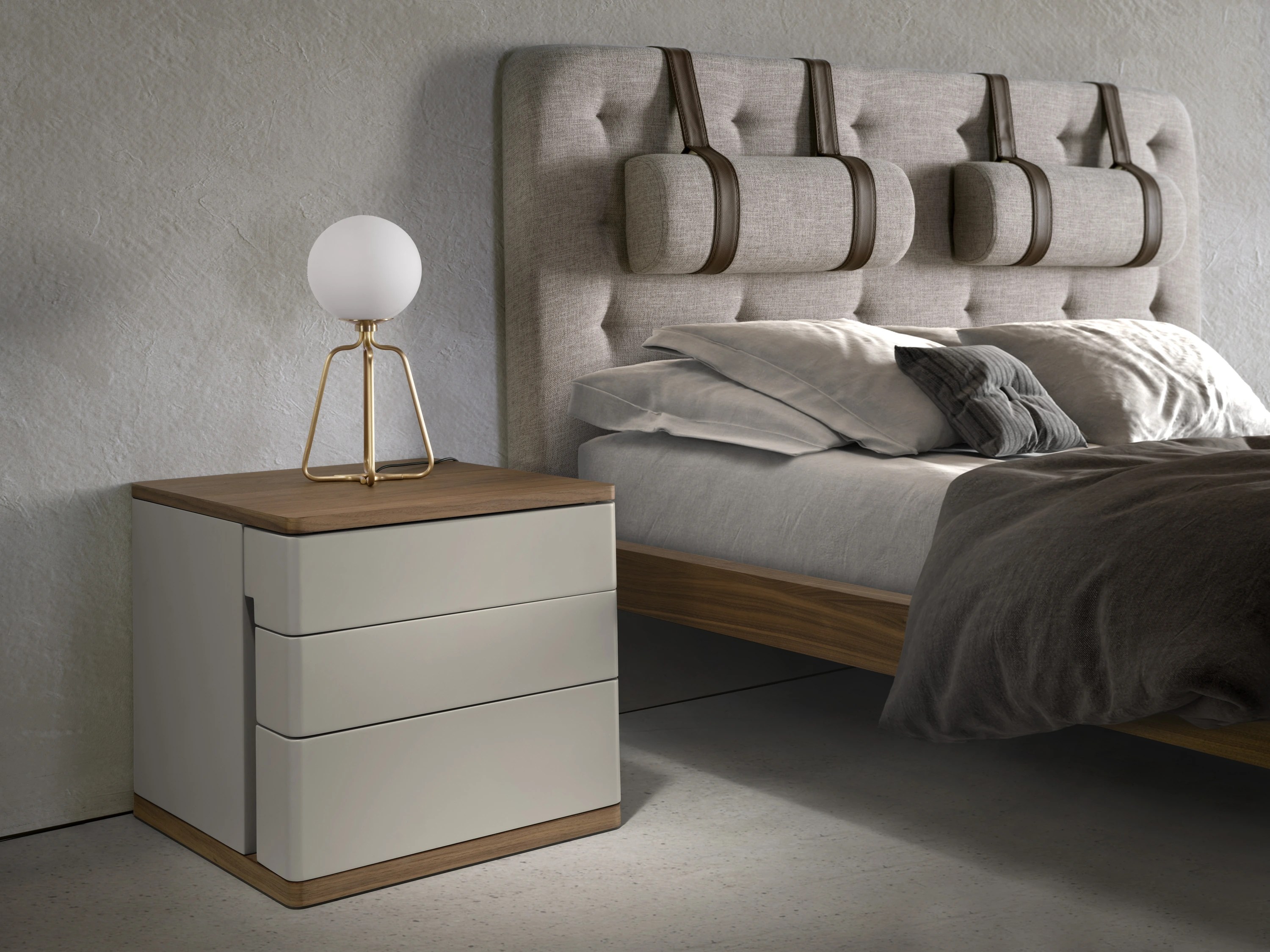 Table de chevet en bois gris et noyer