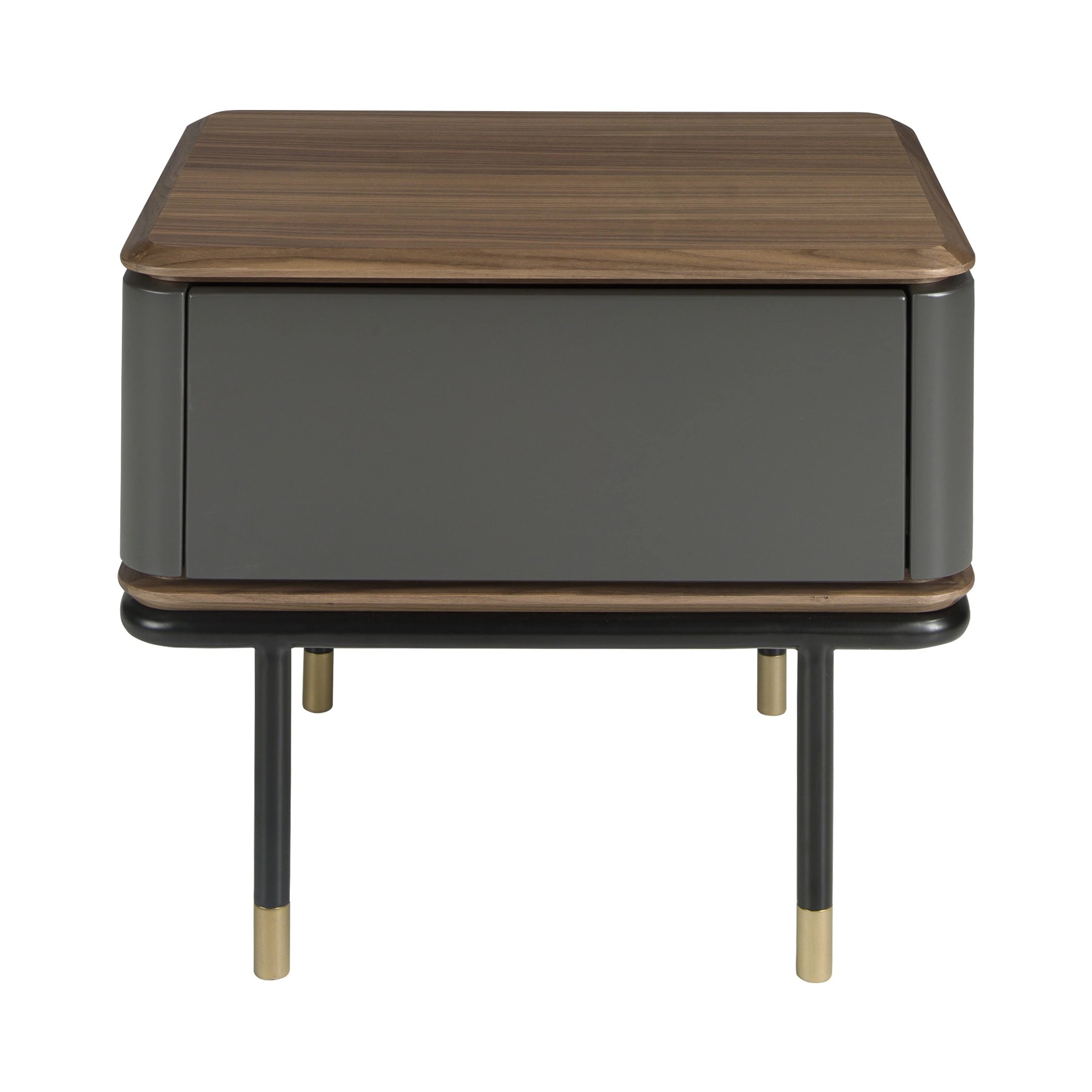 Table de nuit en bois gris foncé mat, acier noir et plateau en noyer