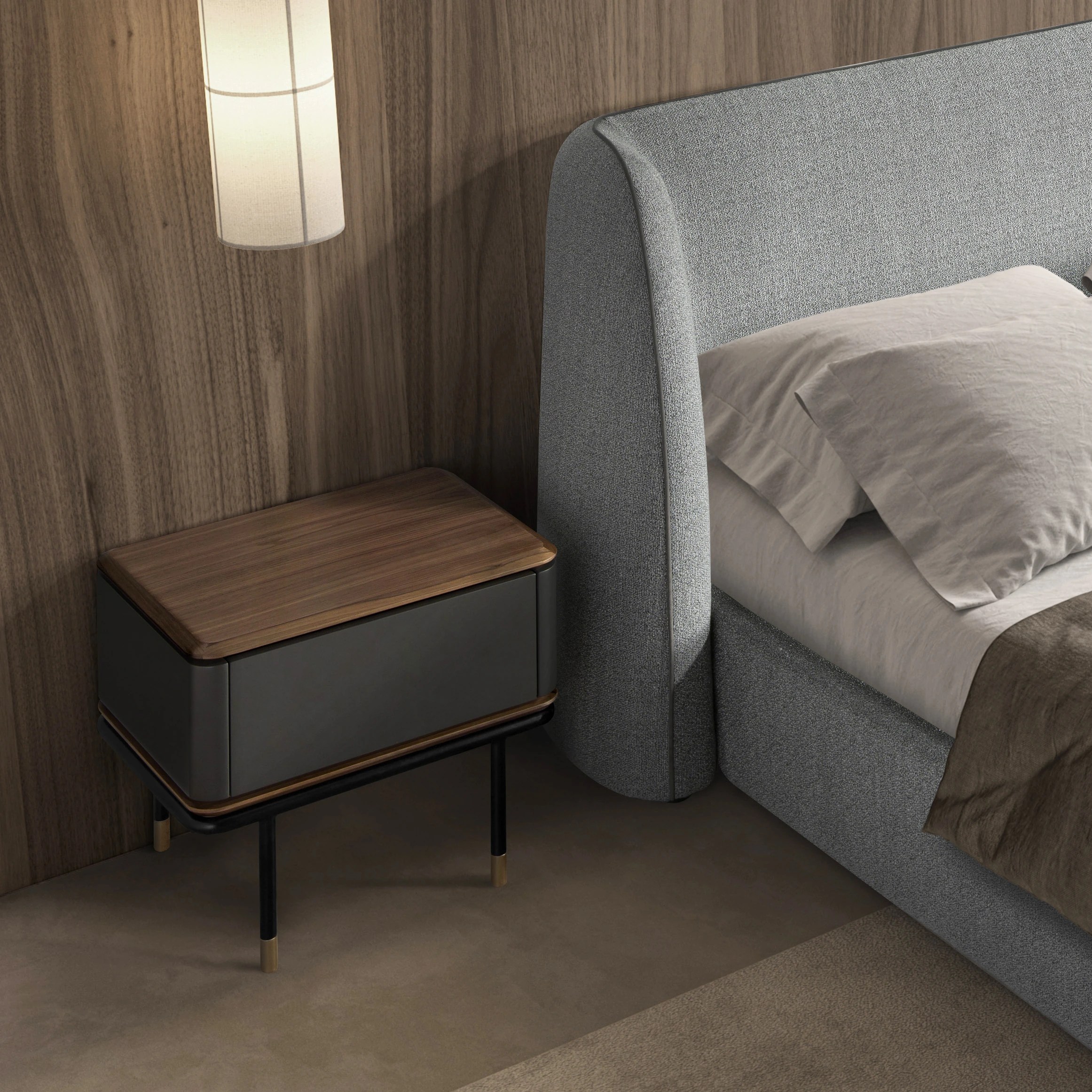 Table de nuit en bois gris foncé mat, acier noir et plateau en noyer