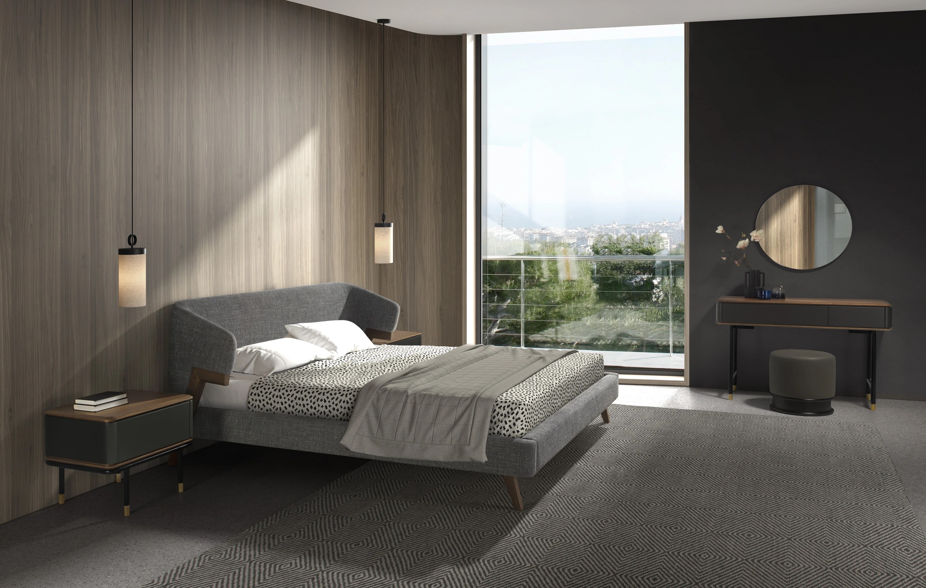 Table de nuit en bois gris foncé mat, acier noir et plateau en noyer