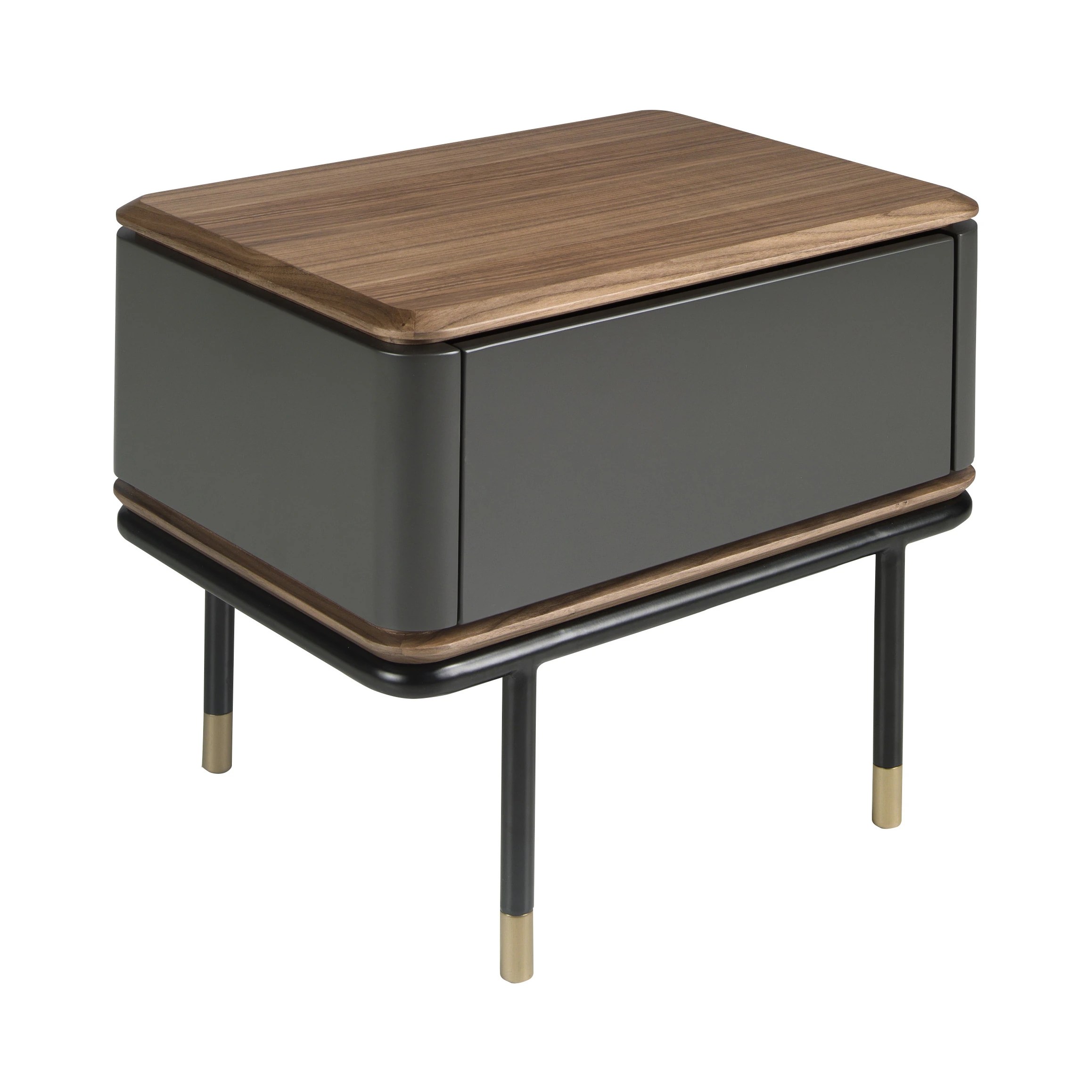Table de nuit en bois gris foncé mat, acier noir et plateau en noyer