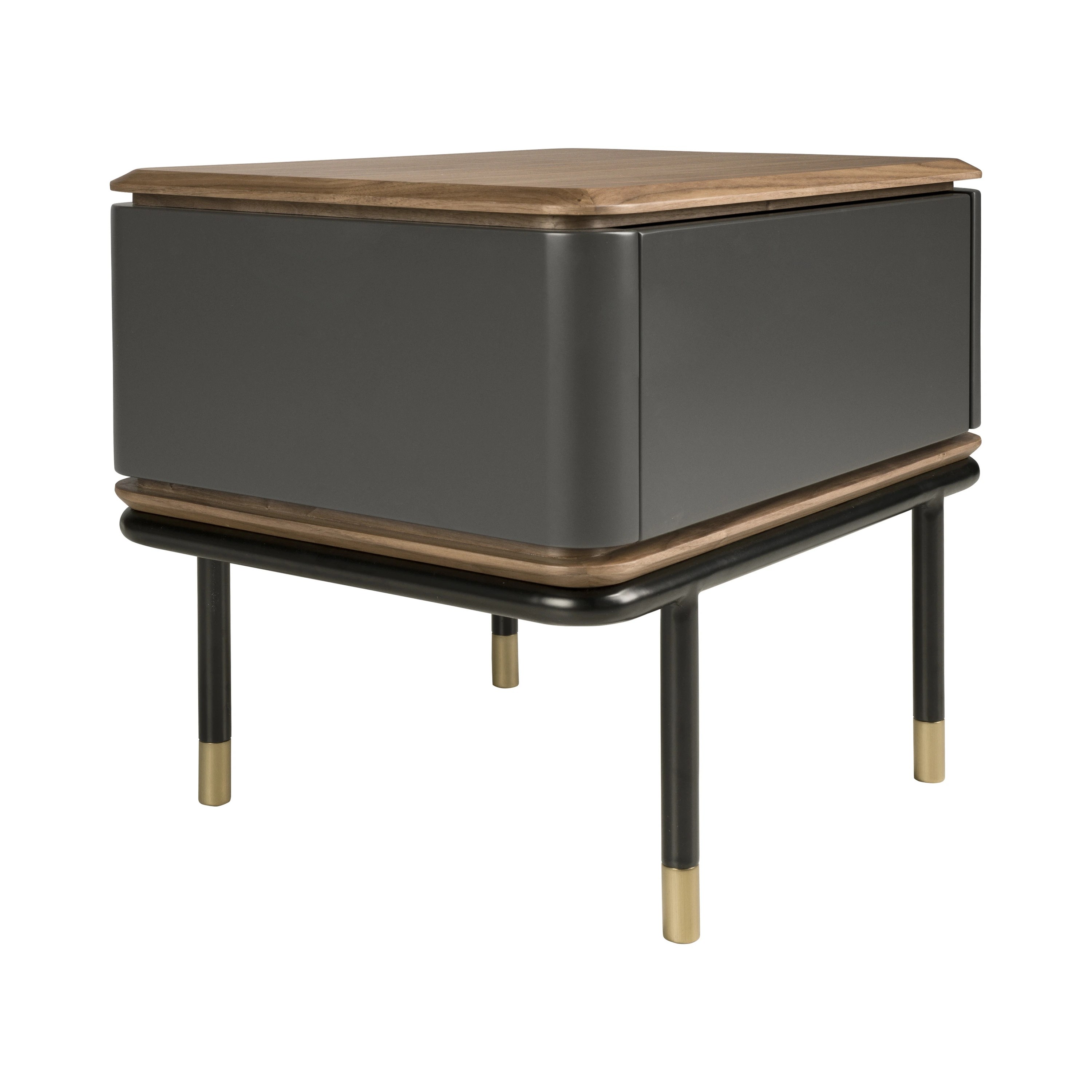 Table de nuit en bois gris foncé mat, acier noir et plateau en noyer