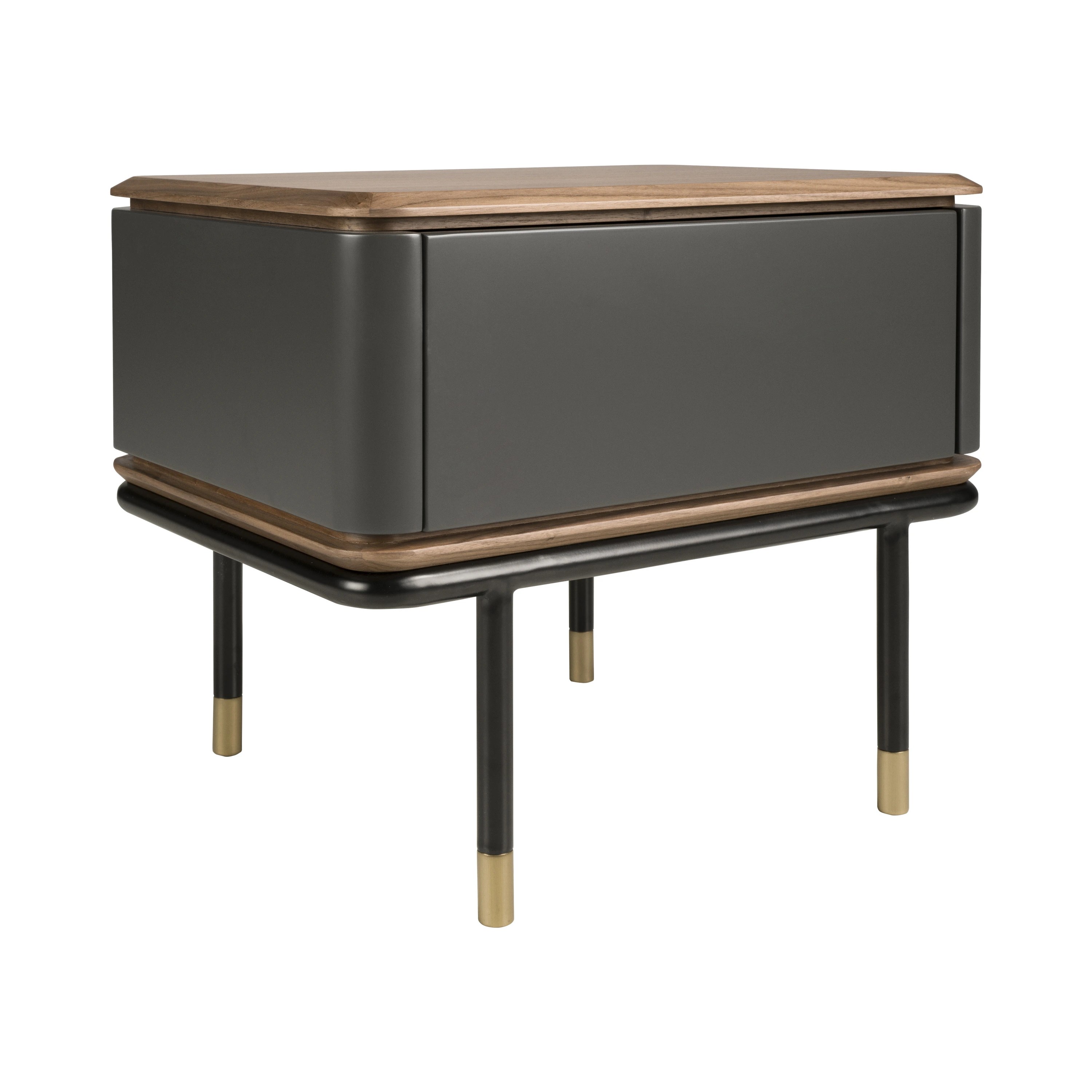 Table de nuit en bois gris foncé mat, acier noir et plateau en noyer