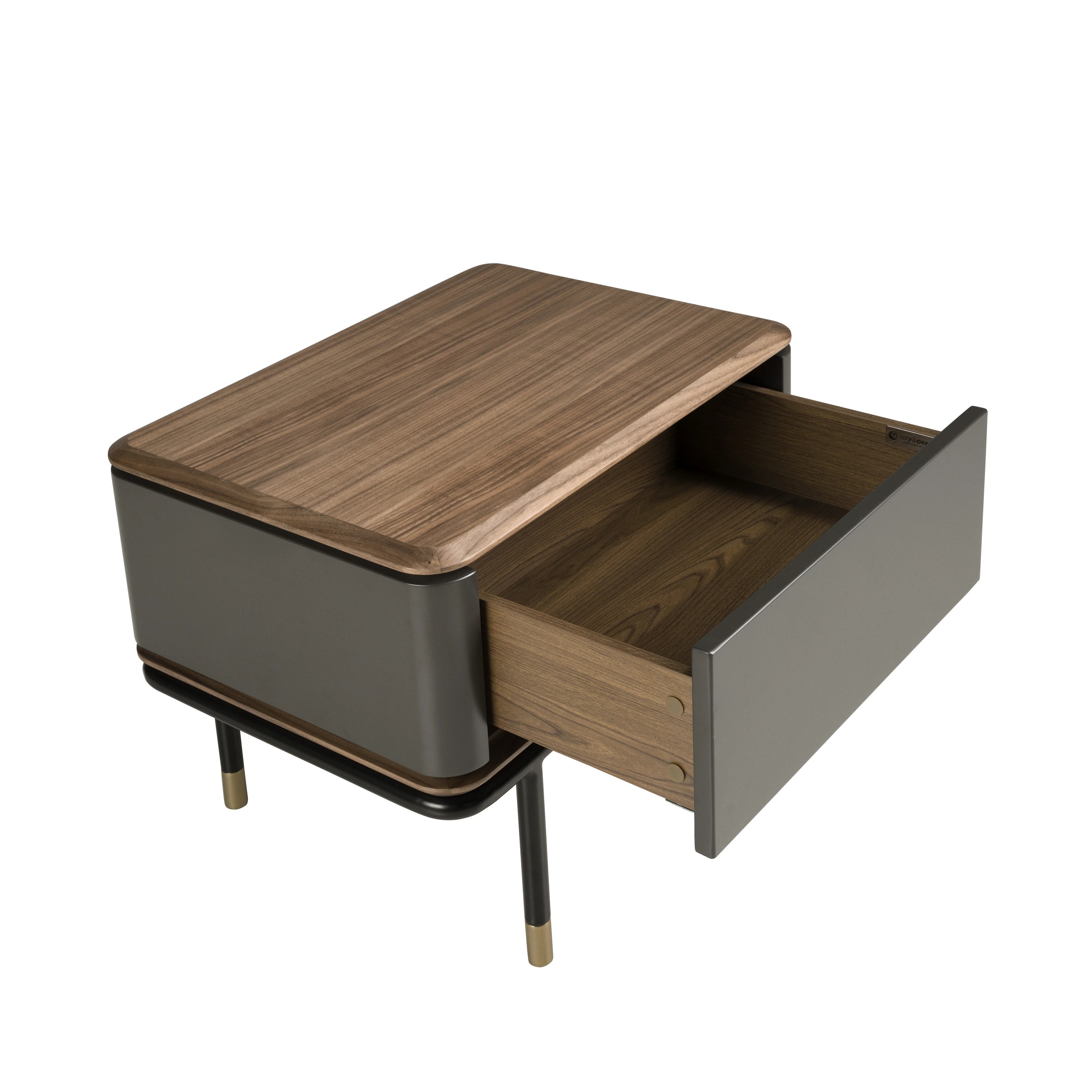 Table de nuit en bois gris foncé mat, acier noir et plateau en noyer