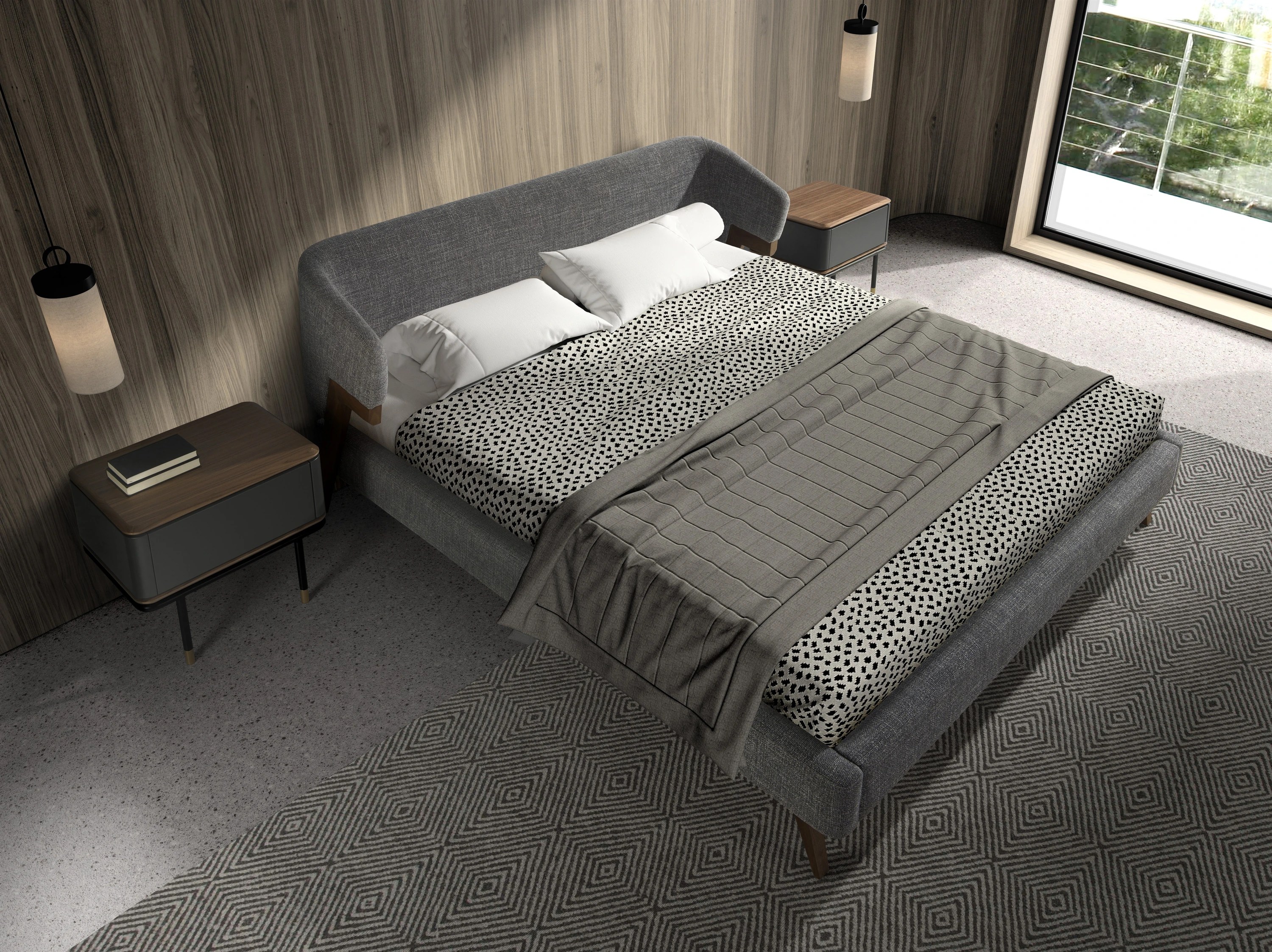 Table de nuit en bois gris foncé mat, acier noir et plateau en noyer