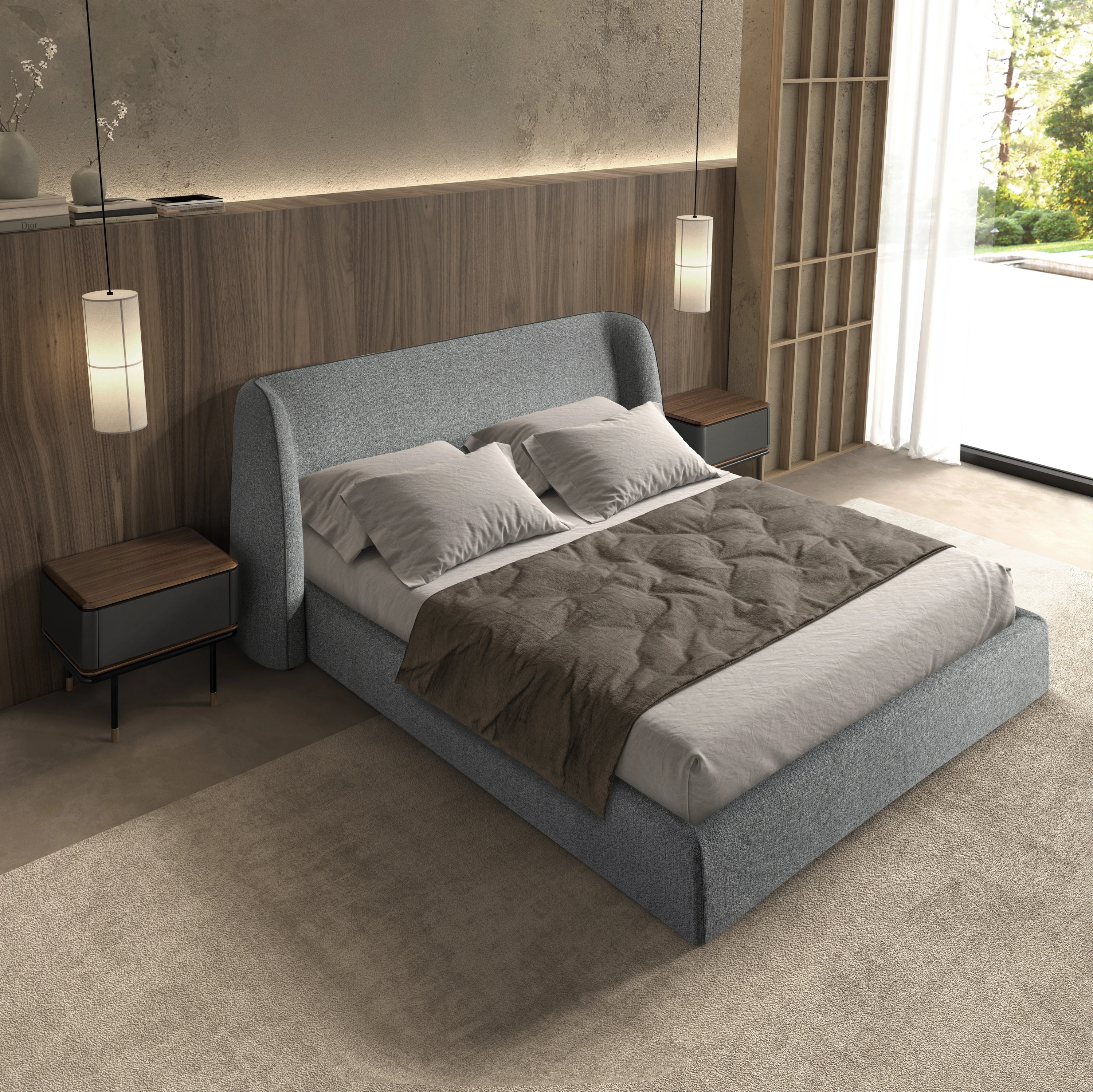 Table de nuit en bois gris foncé mat, acier noir et plateau en noyer