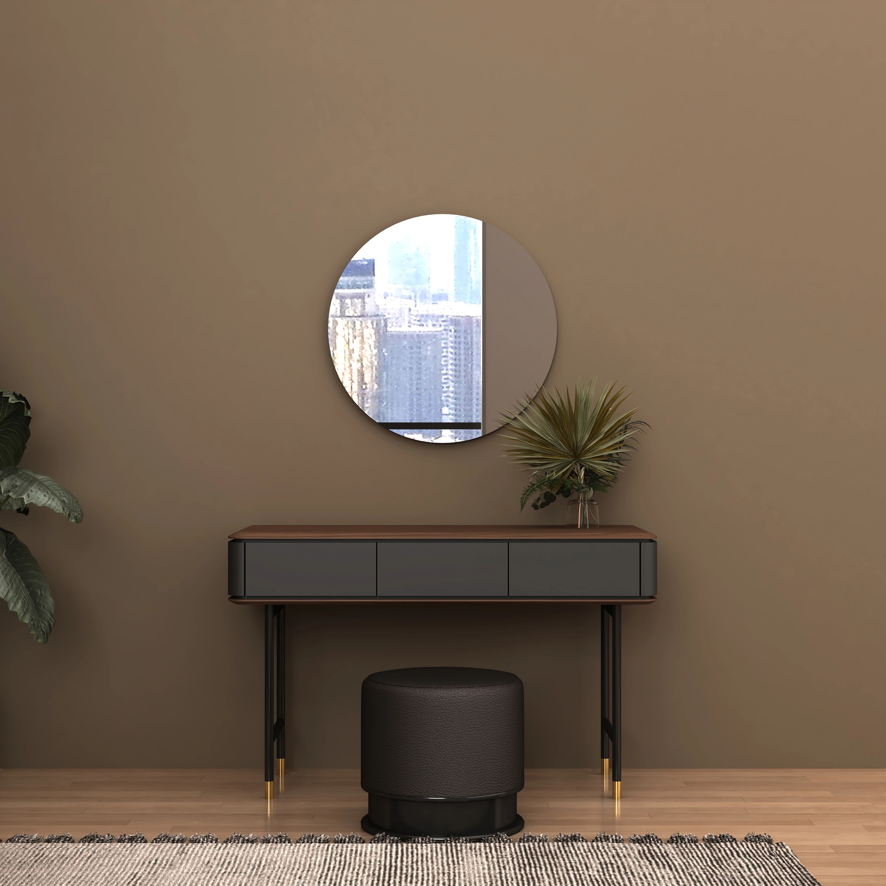 Console rectangulaire en noyer, bois gris foncé mat et acier noir