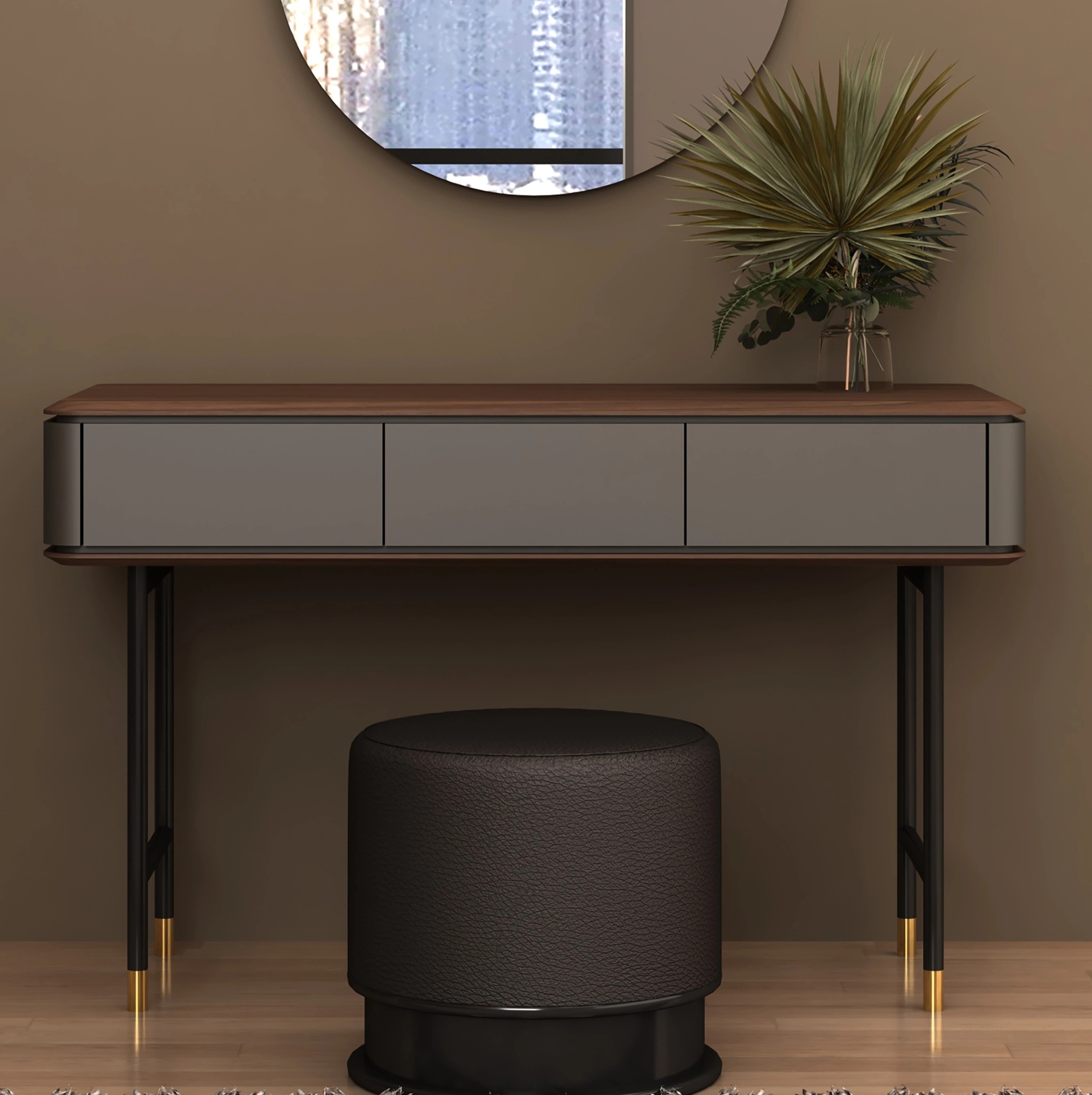 Console rectangulaire en noyer, bois gris foncé mat et acier noir