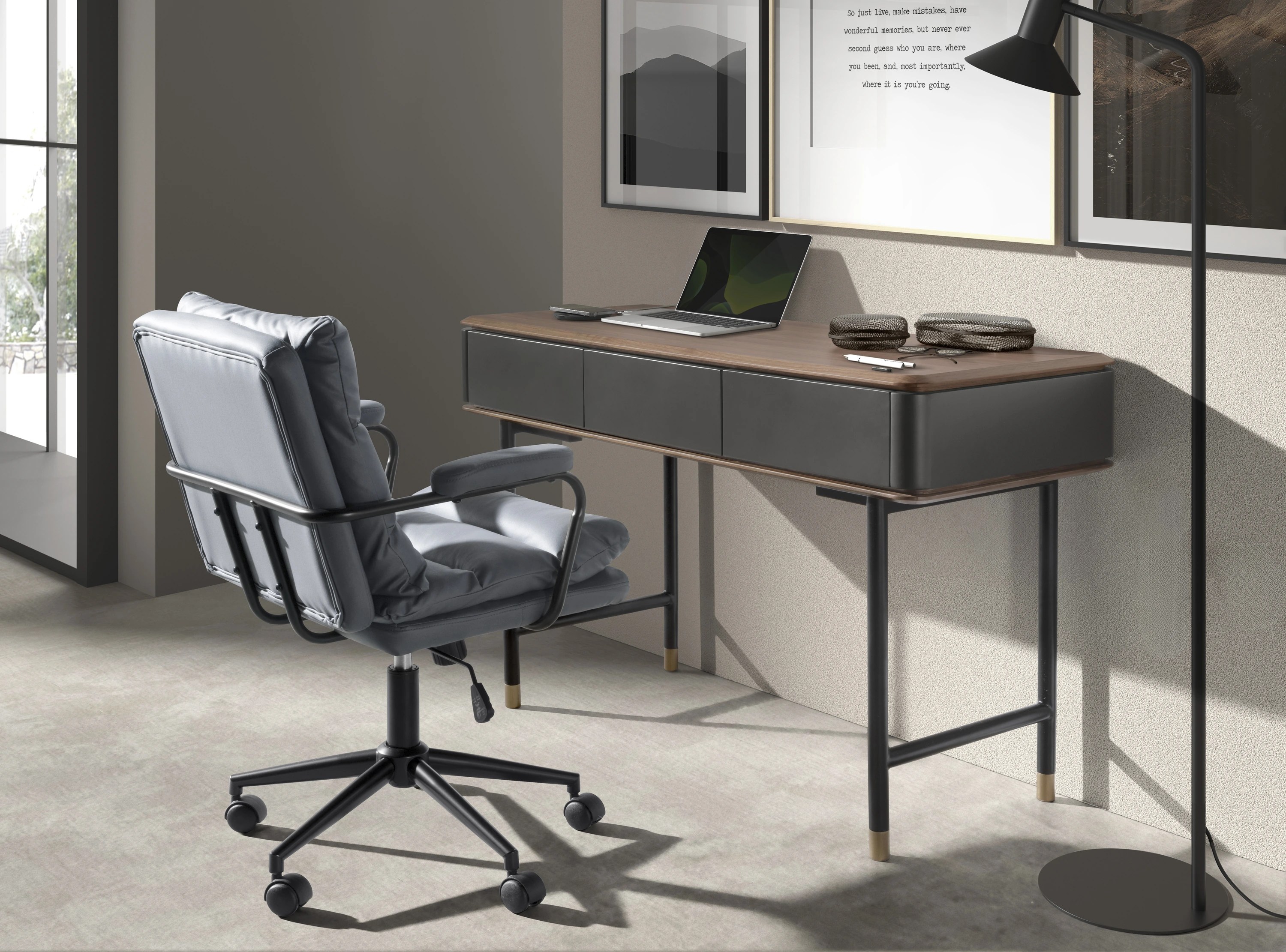 Console rectangulaire en noyer, bois gris foncé mat et acier noir