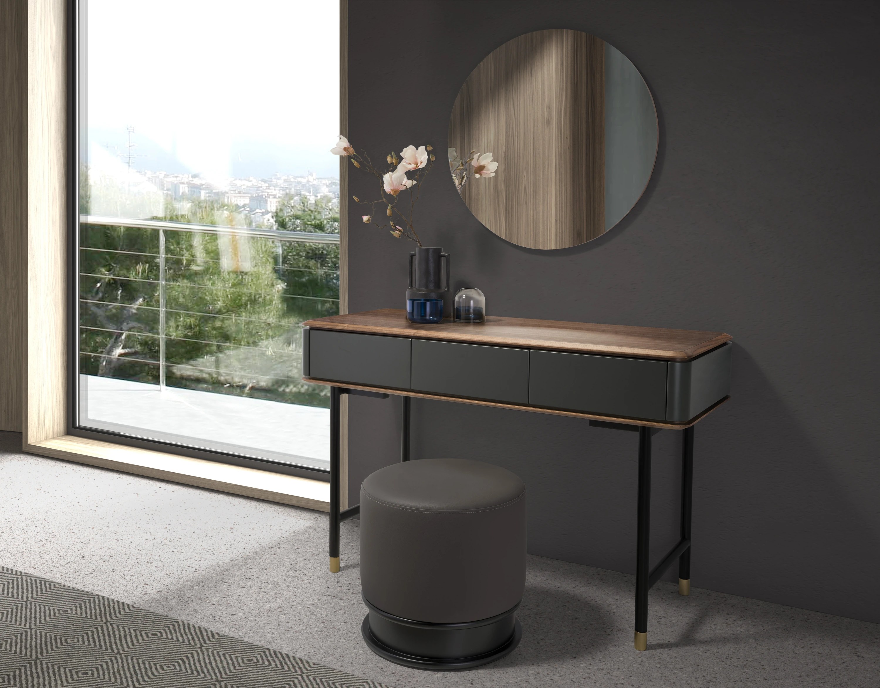 Console rectangulaire en noyer, bois gris foncé mat et acier noir
