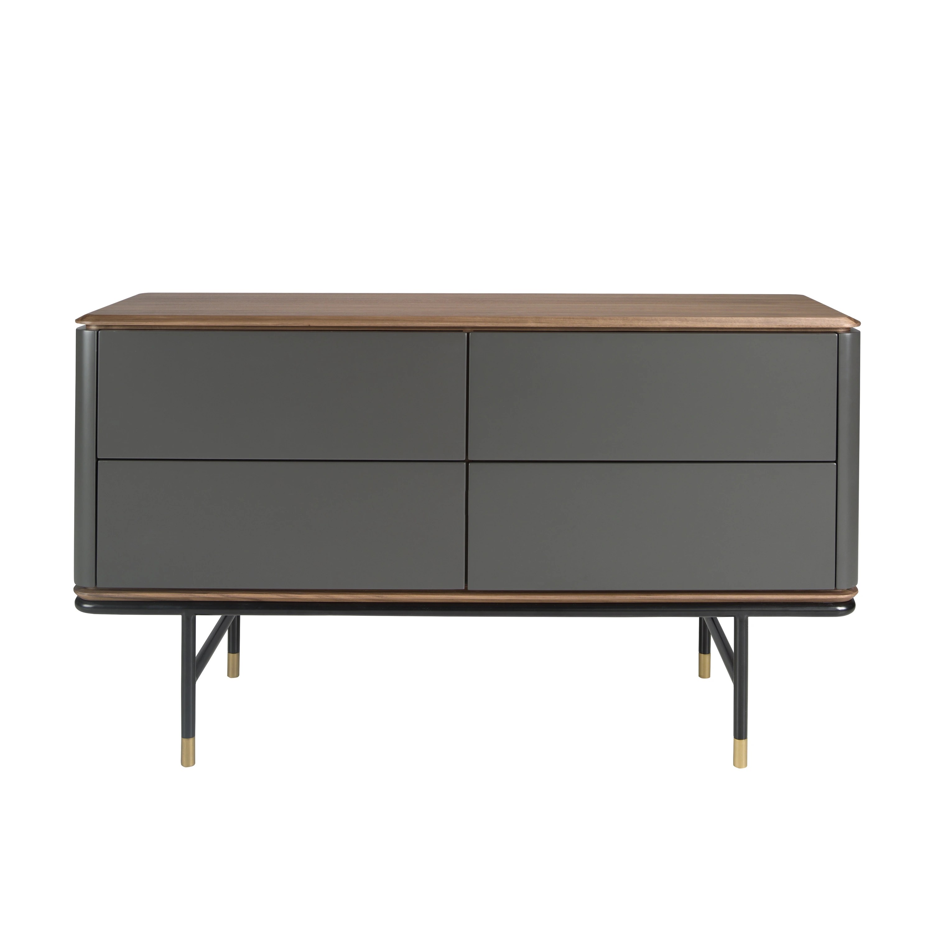 Commode en bois gris foncé mat, acier noir et plateau en noyer