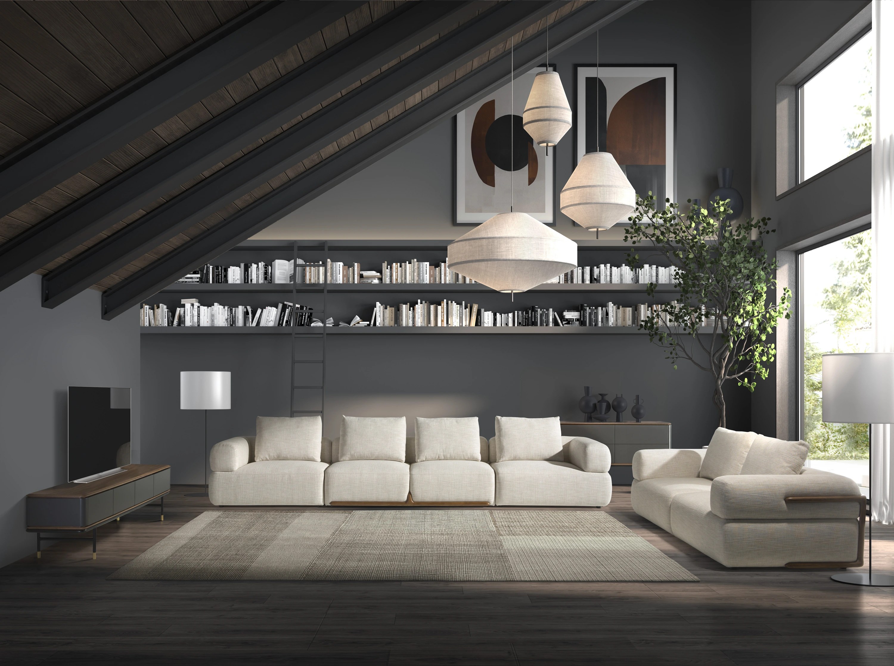 Commode en bois gris foncé mat, acier noir et plateau en noyer