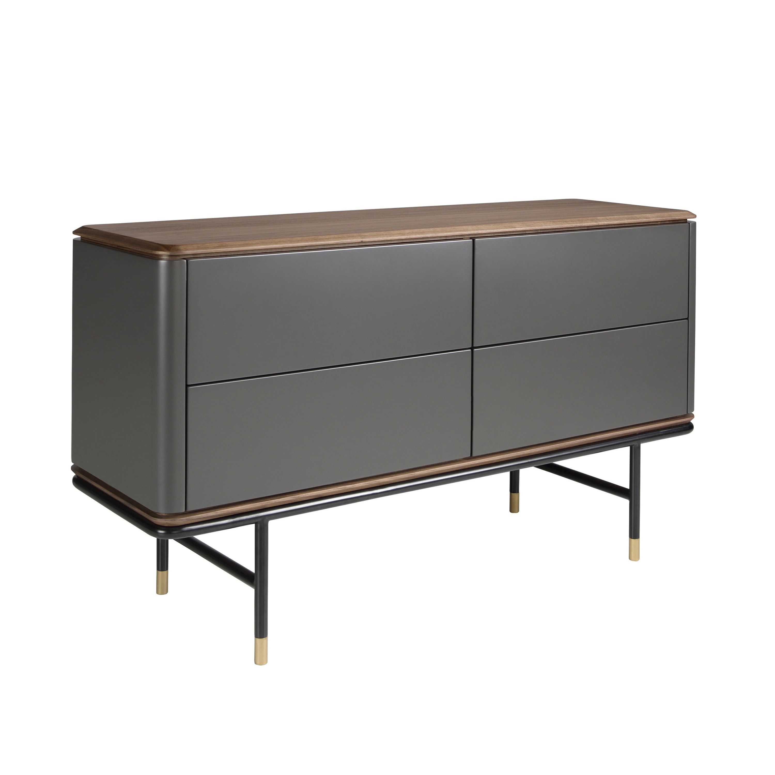 Commode en bois gris foncé mat, acier noir et plateau en noyer
