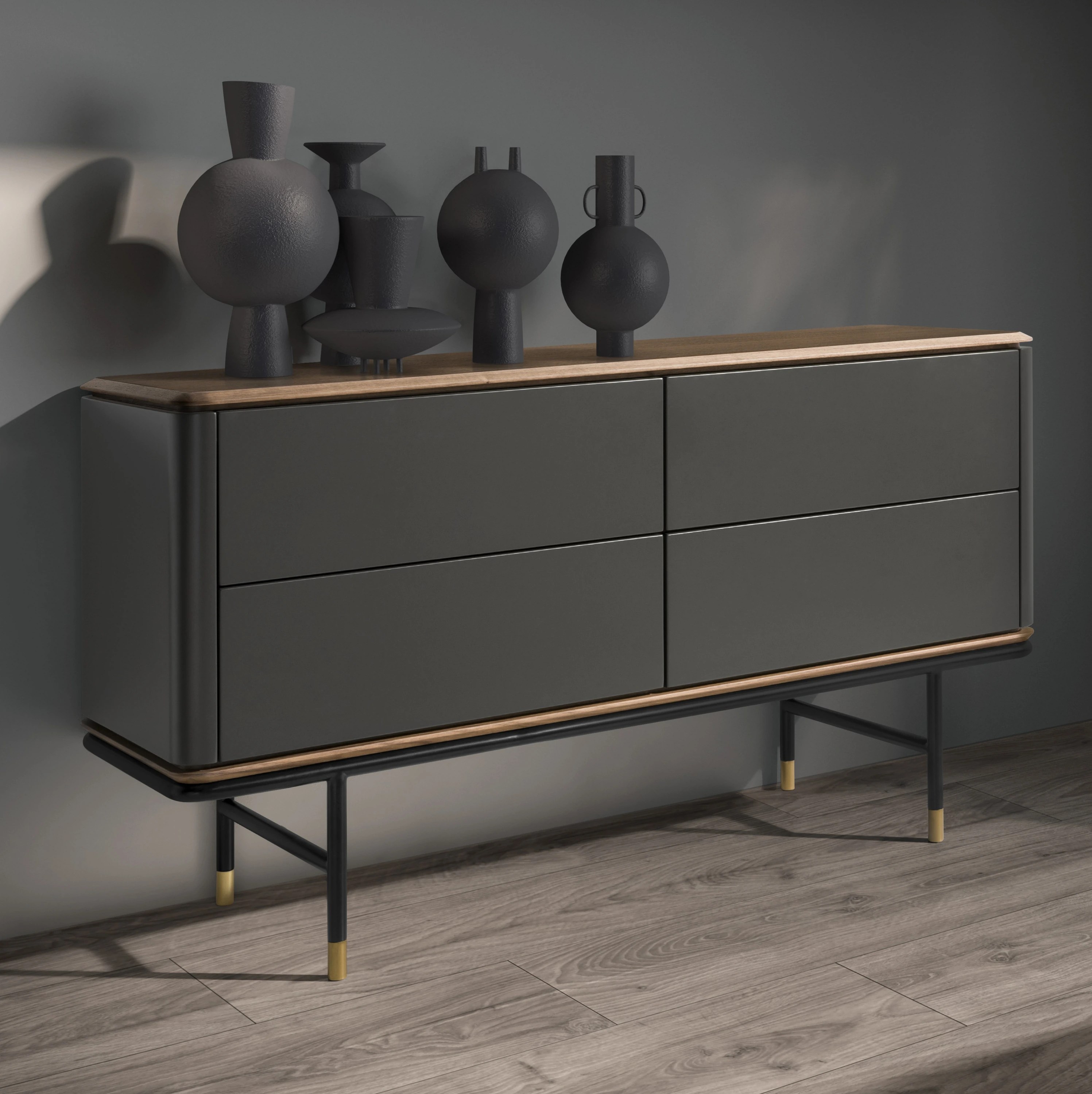 Commode en bois gris foncé mat, acier noir et plateau en noyer