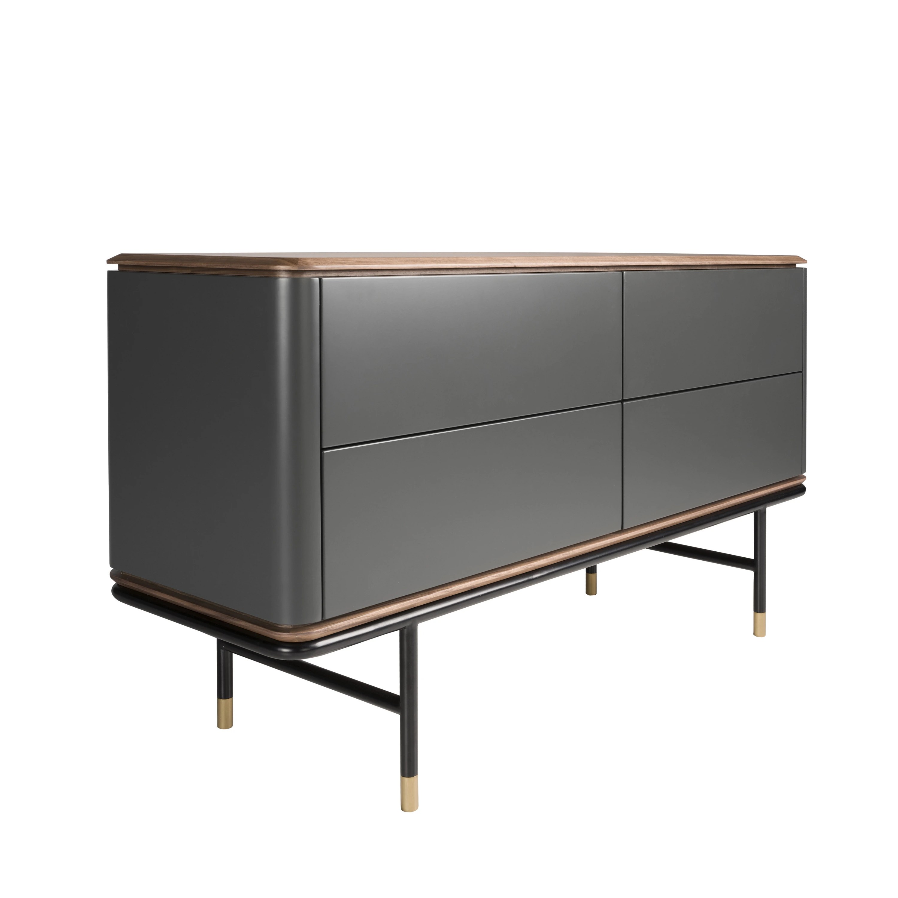 Commode en bois gris foncé mat, acier noir et plateau en noyer
