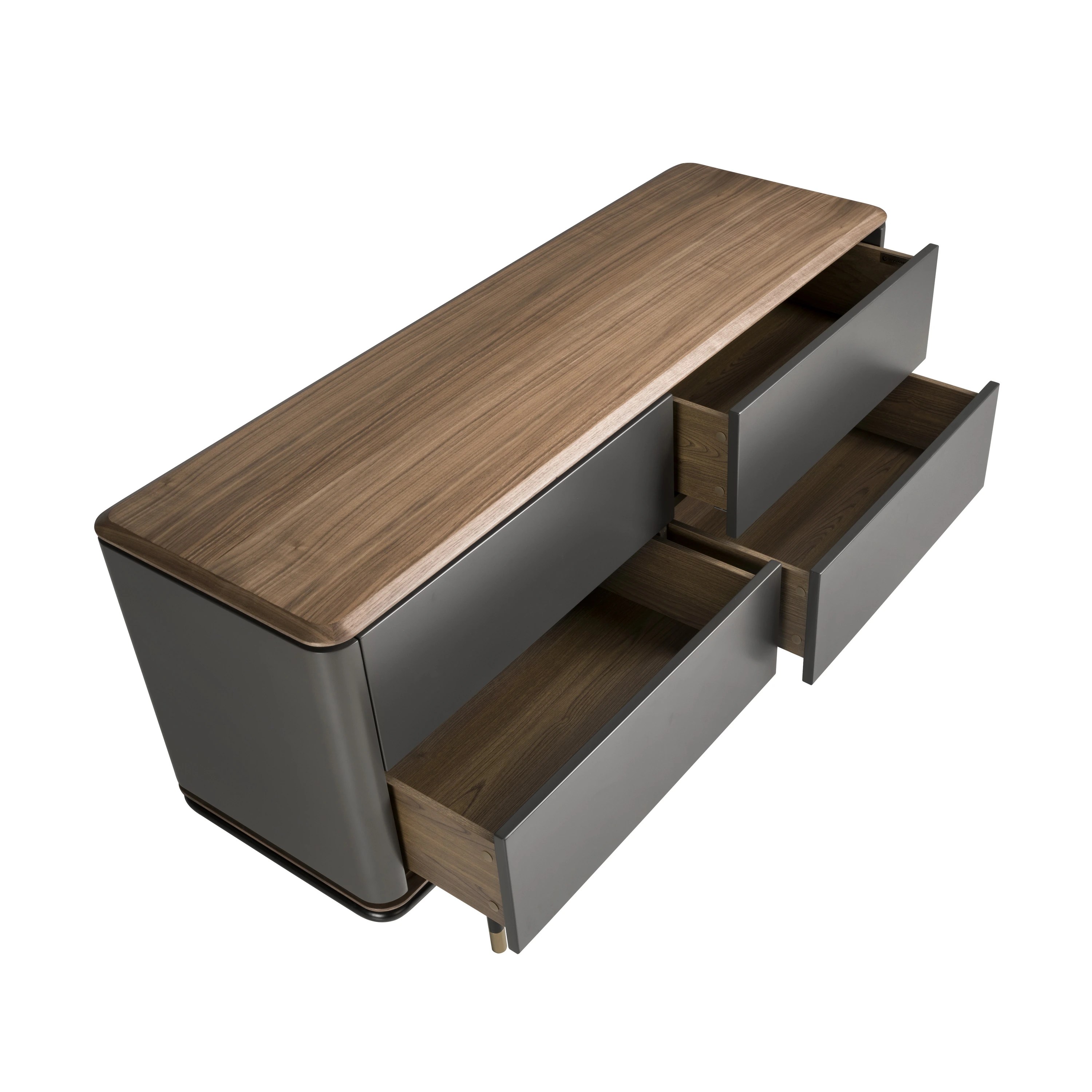 Commode en bois gris foncé mat, acier noir et plateau en noyer