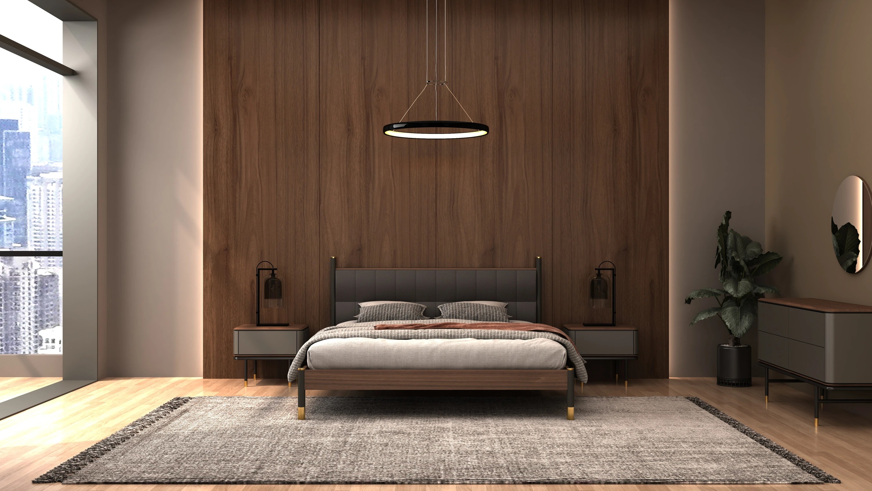 Commode en bois gris foncé mat, acier noir et plateau en noyer