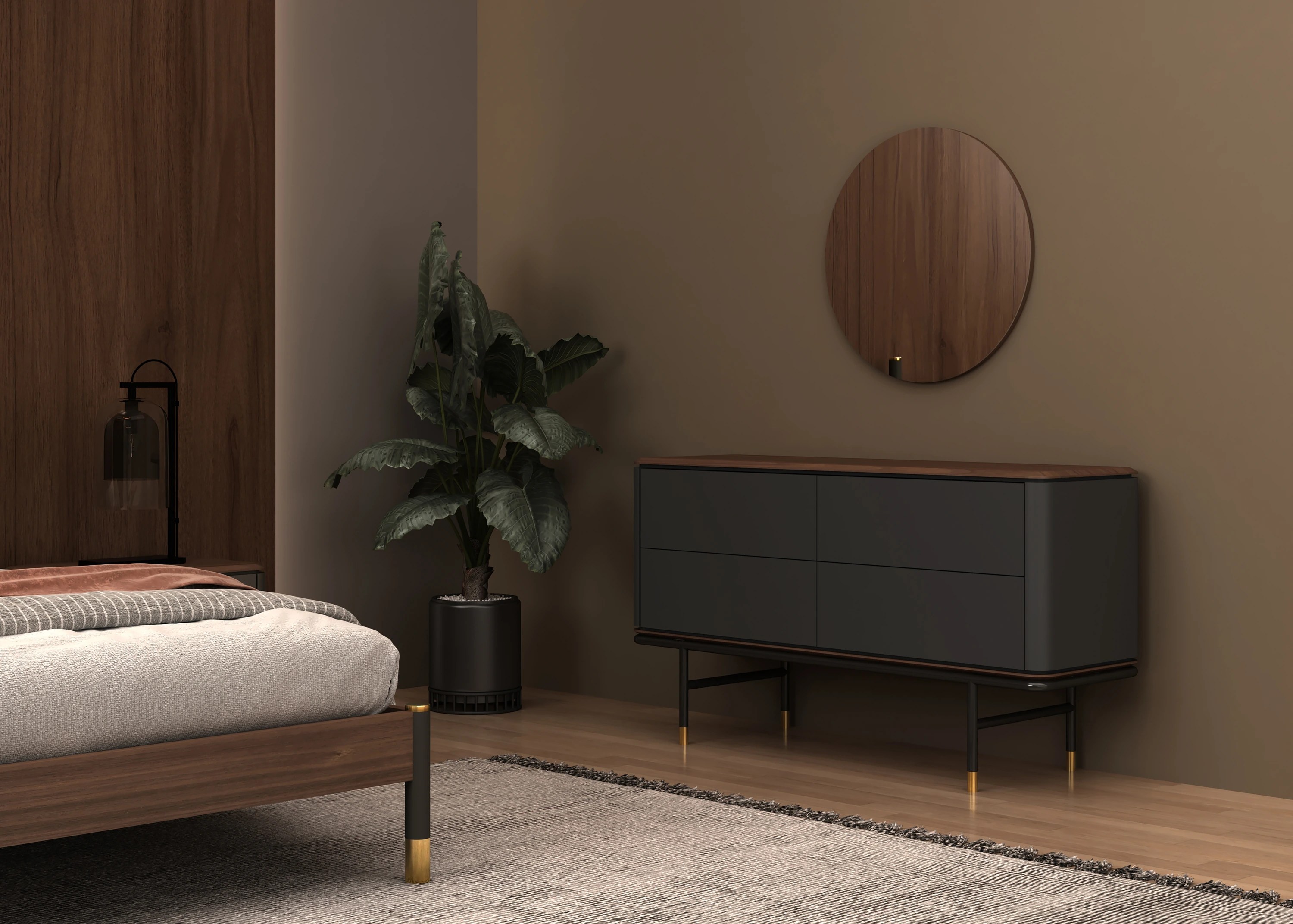 Commode en bois gris foncé mat, acier noir et plateau en noyer
