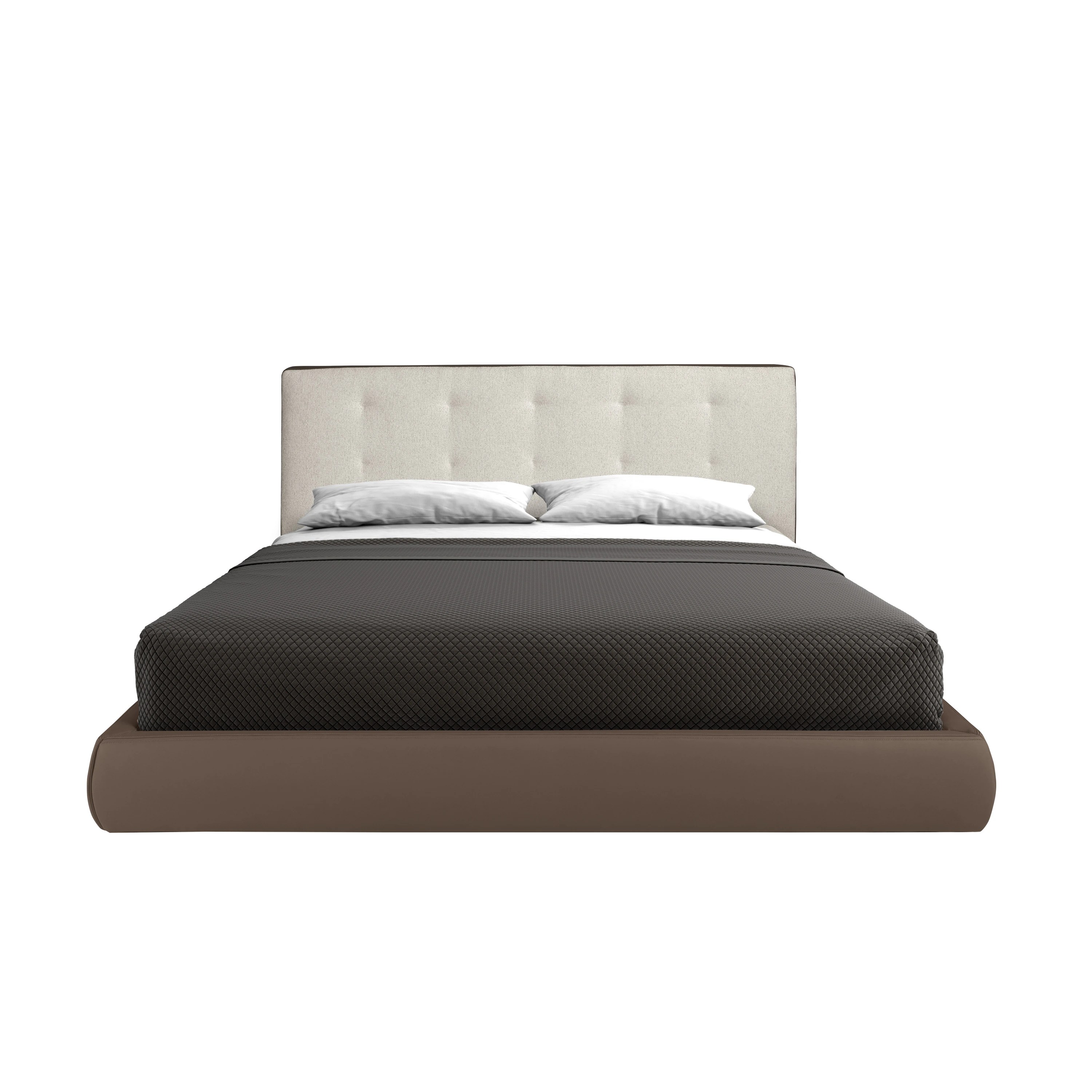 Lit rembourré en tissu marron et similicuir marron avec revêtement blanc cassé