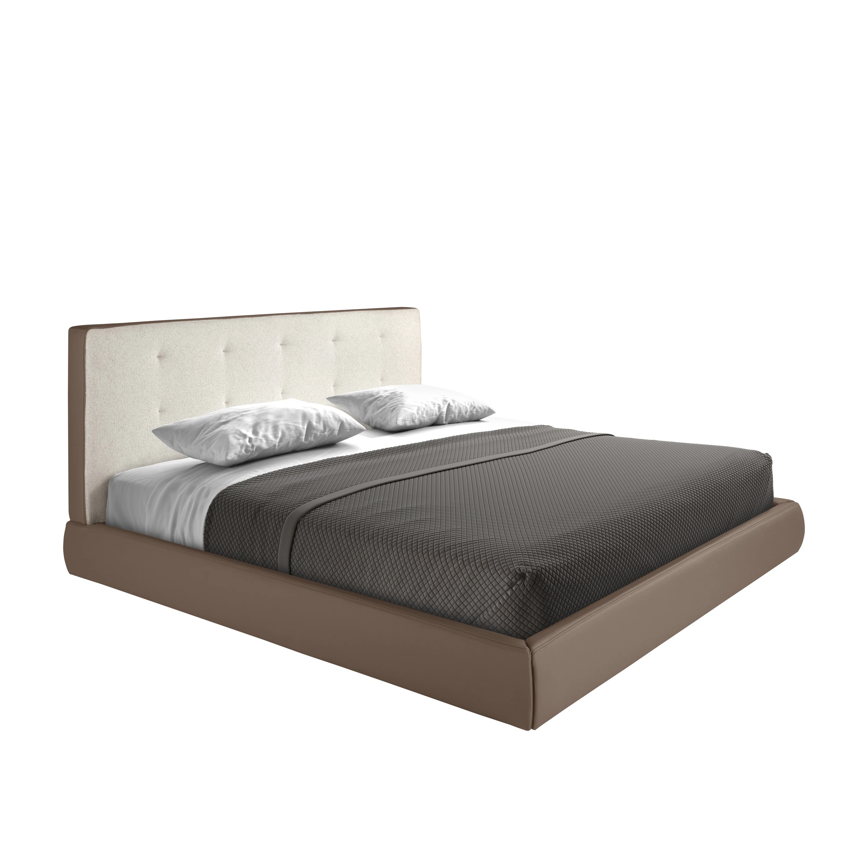 Lit rembourré en tissu marron et similicuir marron avec revêtement blanc cassé