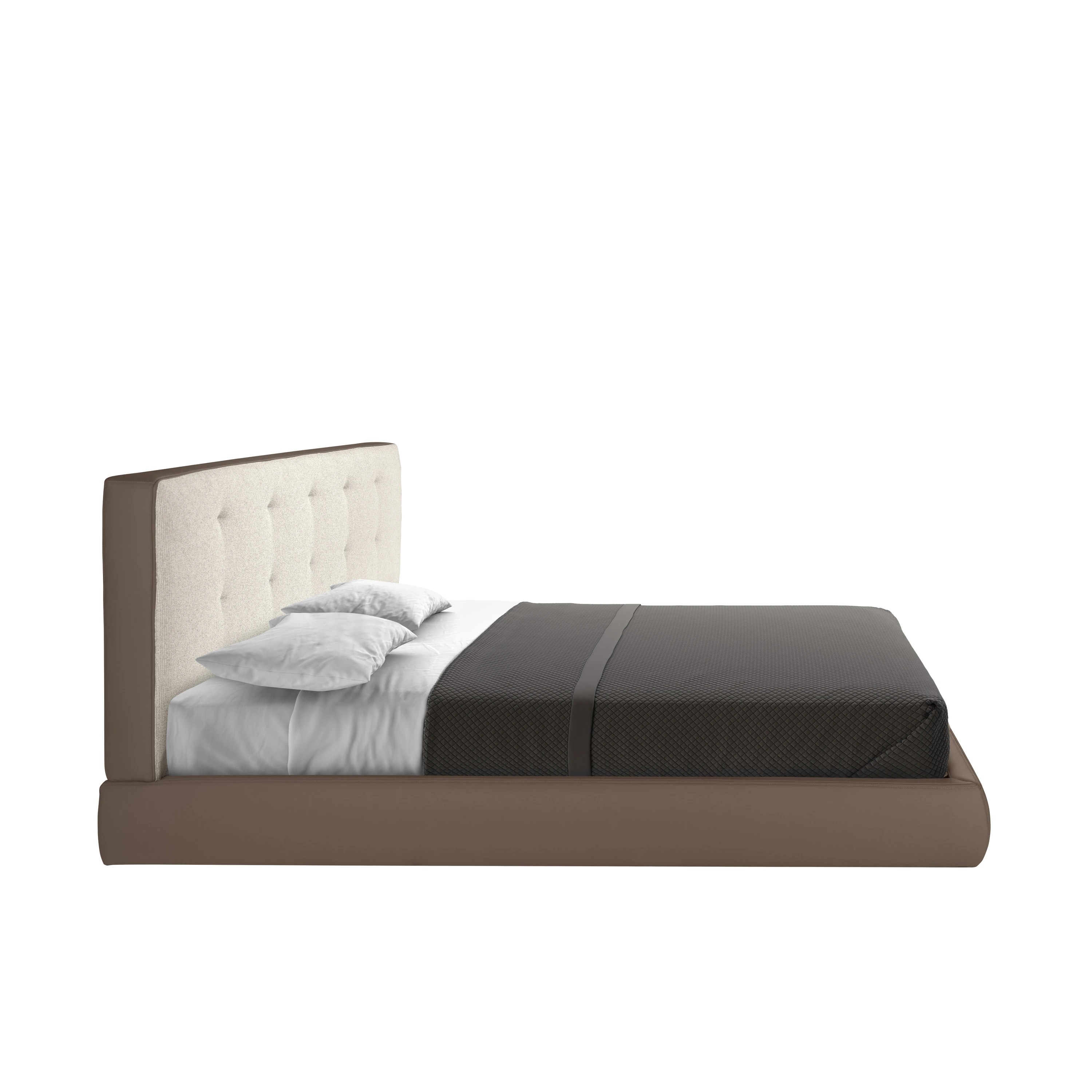 Lit rembourré en tissu marron et similicuir marron avec revêtement blanc cassé