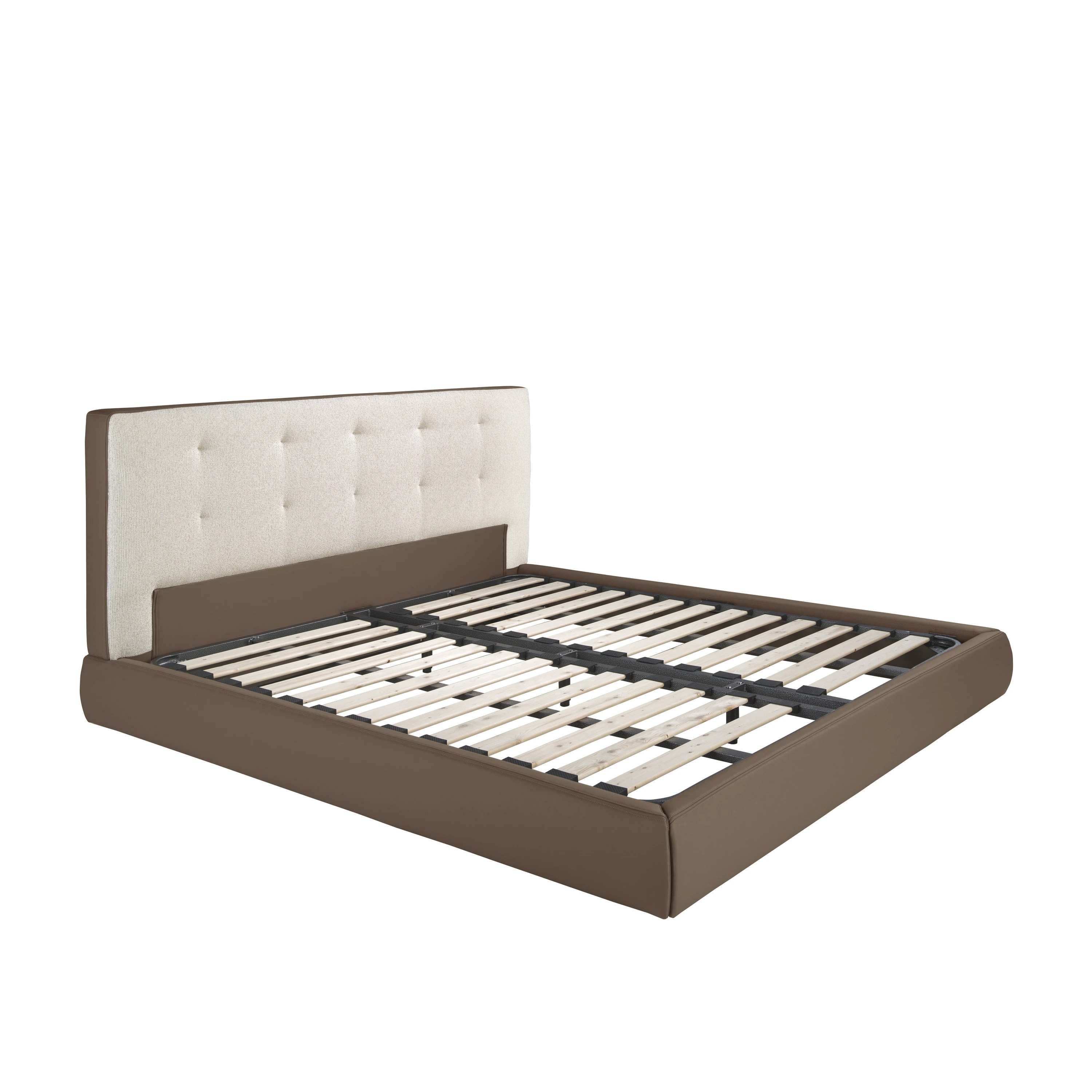 Lit rembourré en tissu marron et similicuir marron avec revêtement blanc cassé