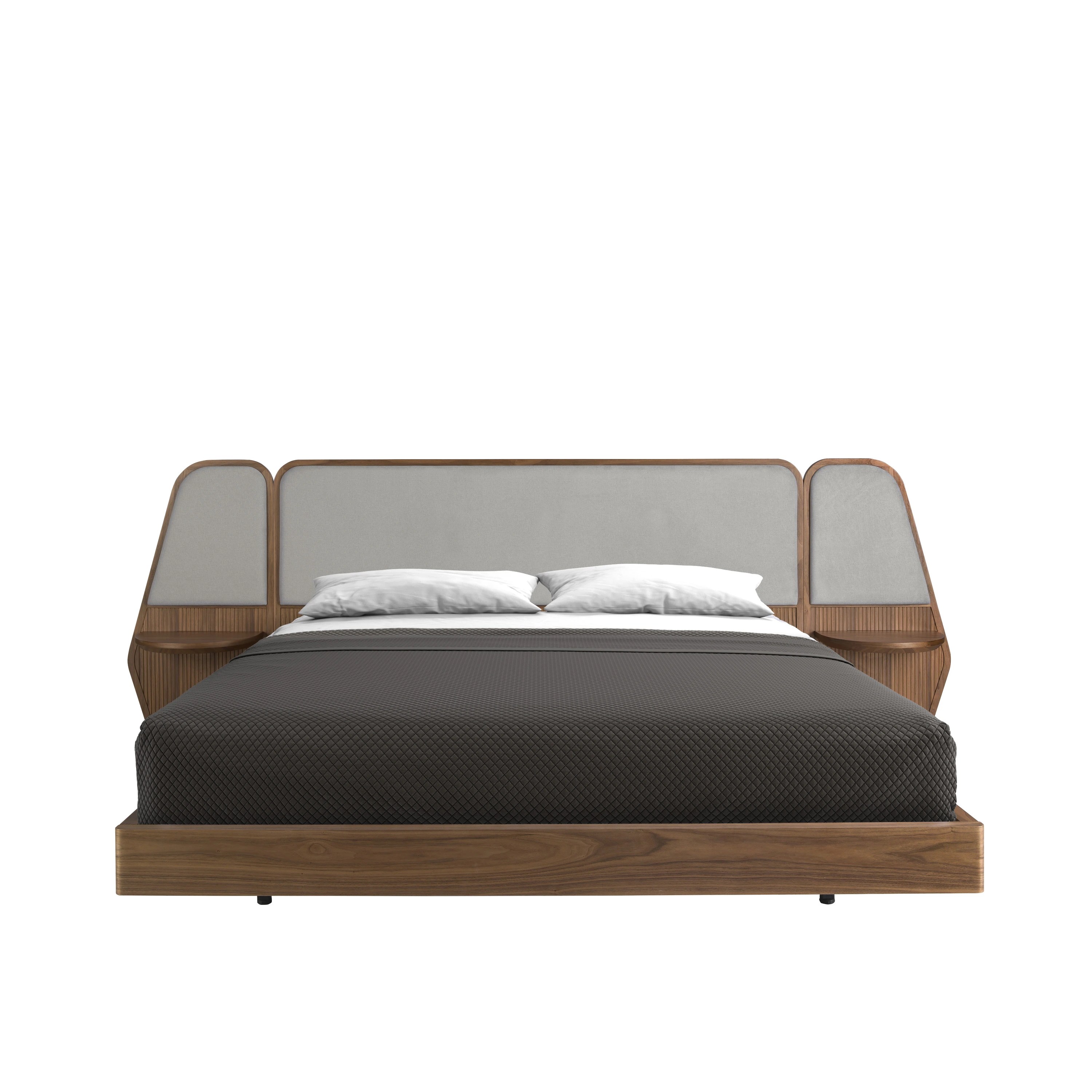 Lit en noyer et tissu gris