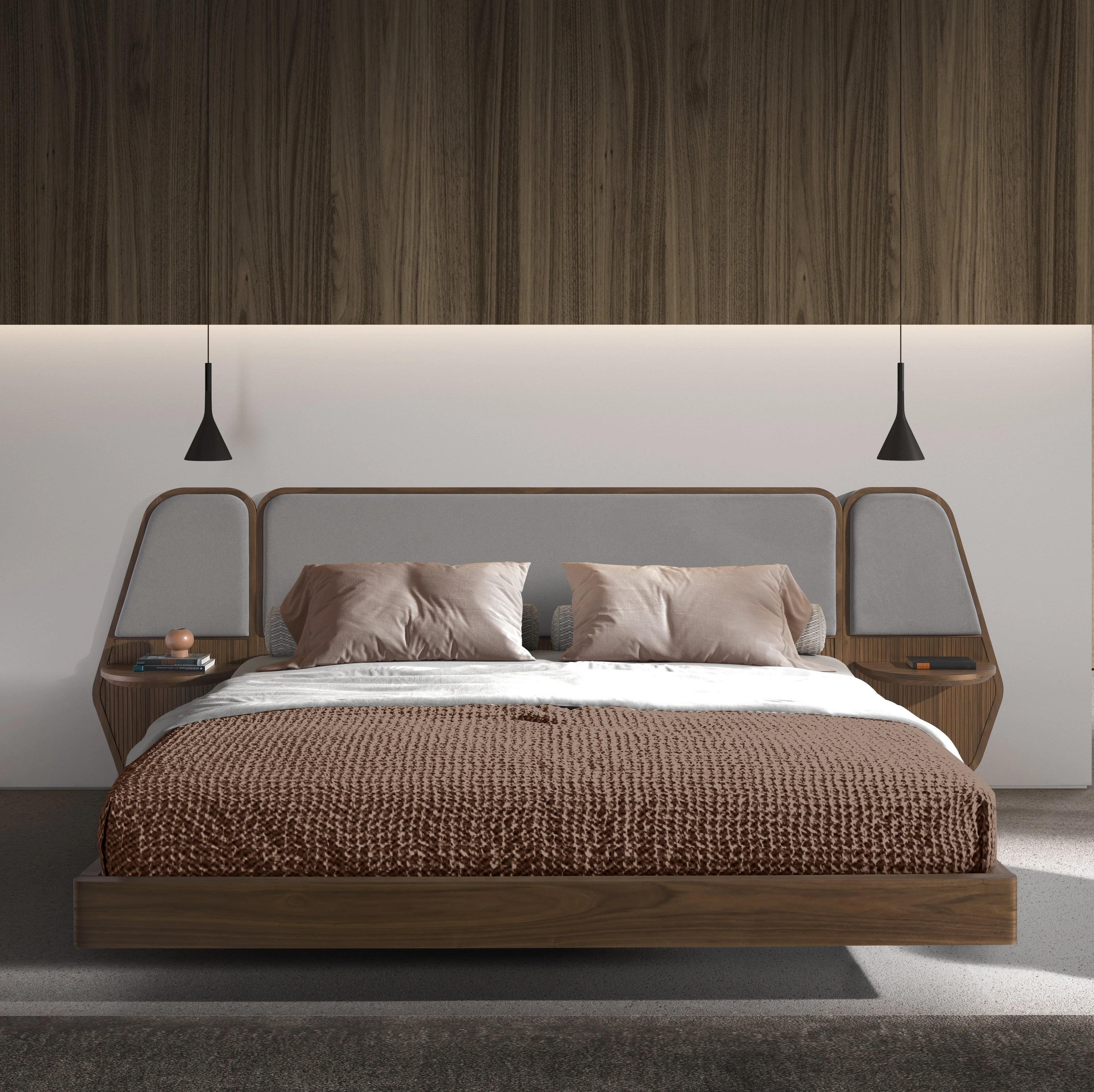 Lit en noyer et tissu gris
