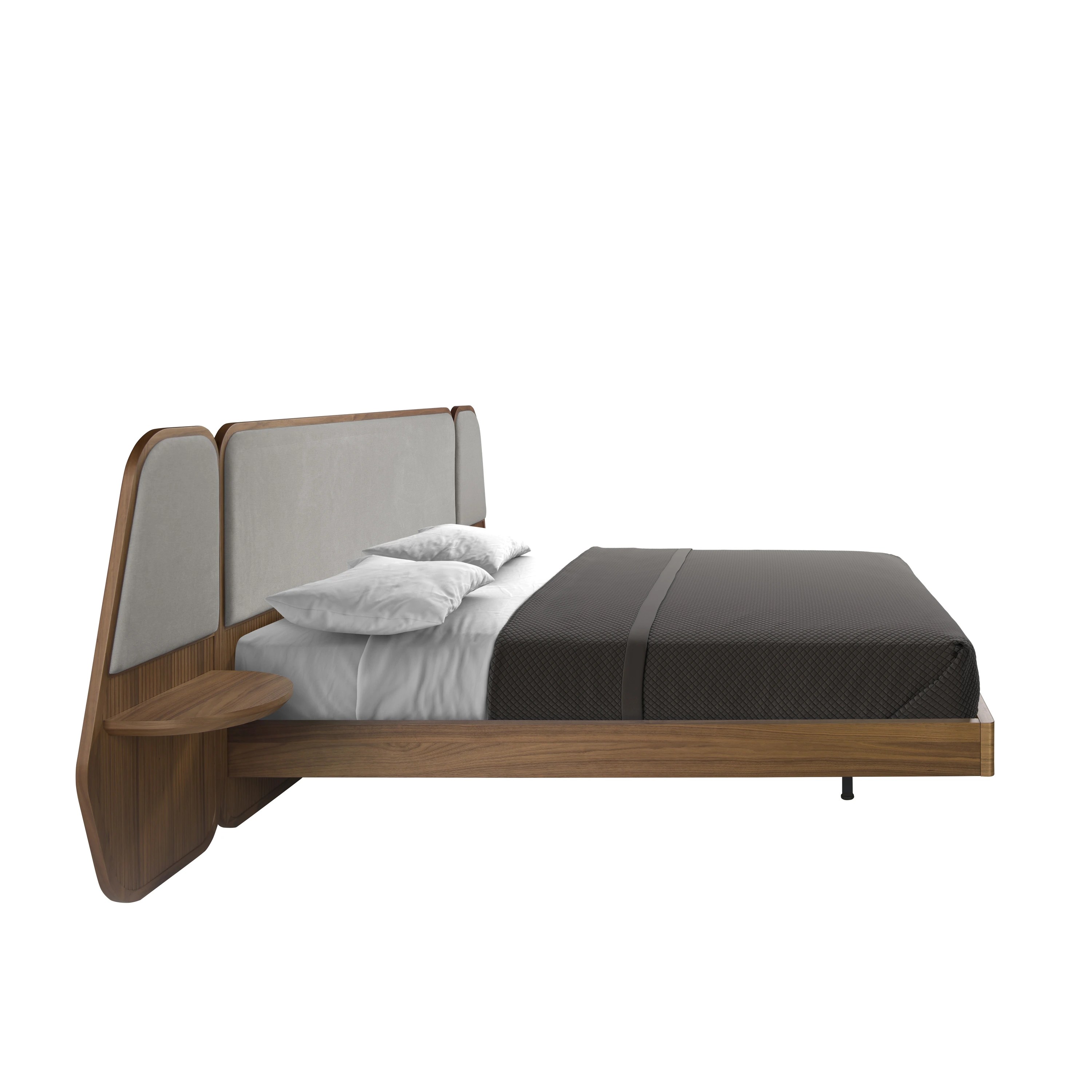 Lit en noyer et tissu gris