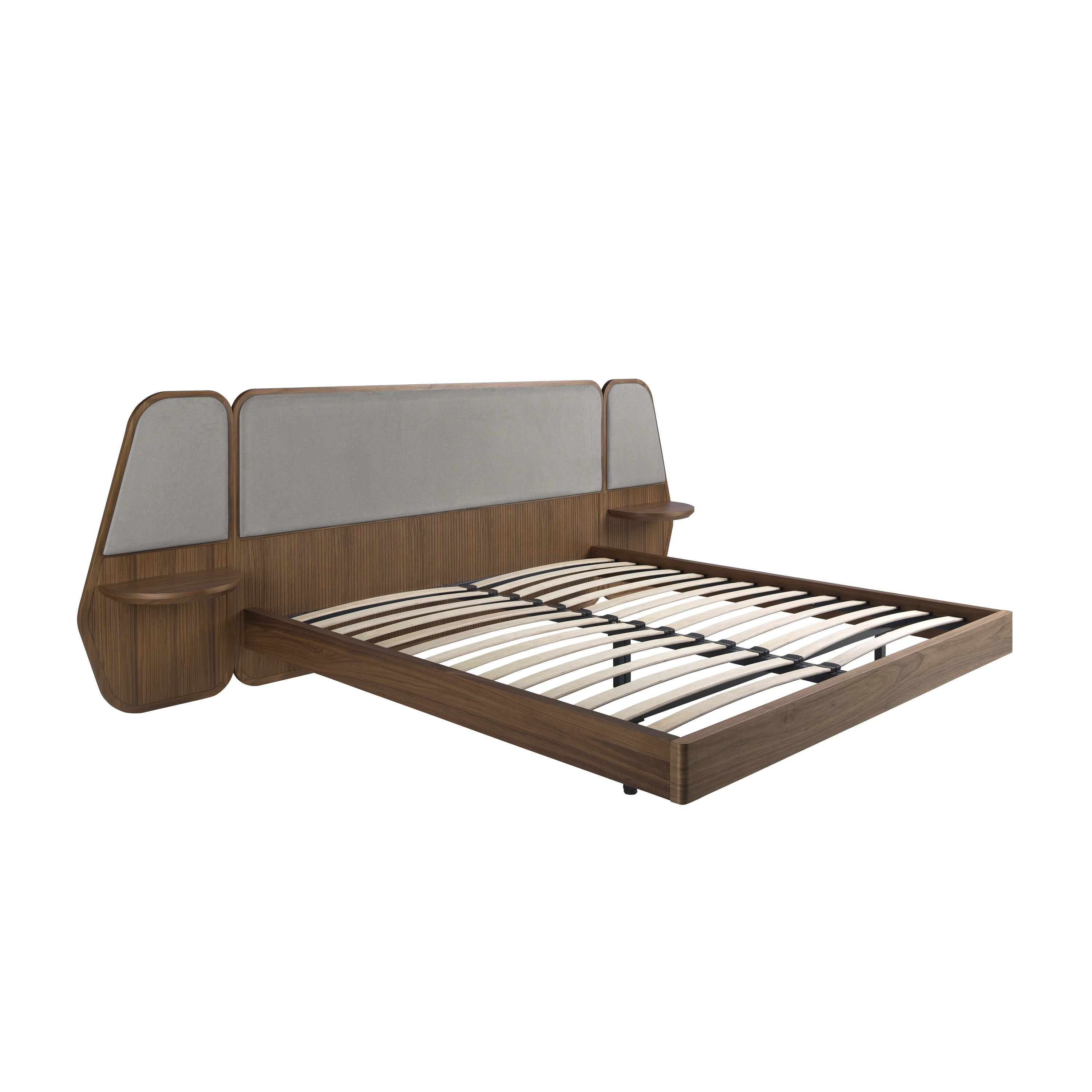 Lit en noyer et tissu gris