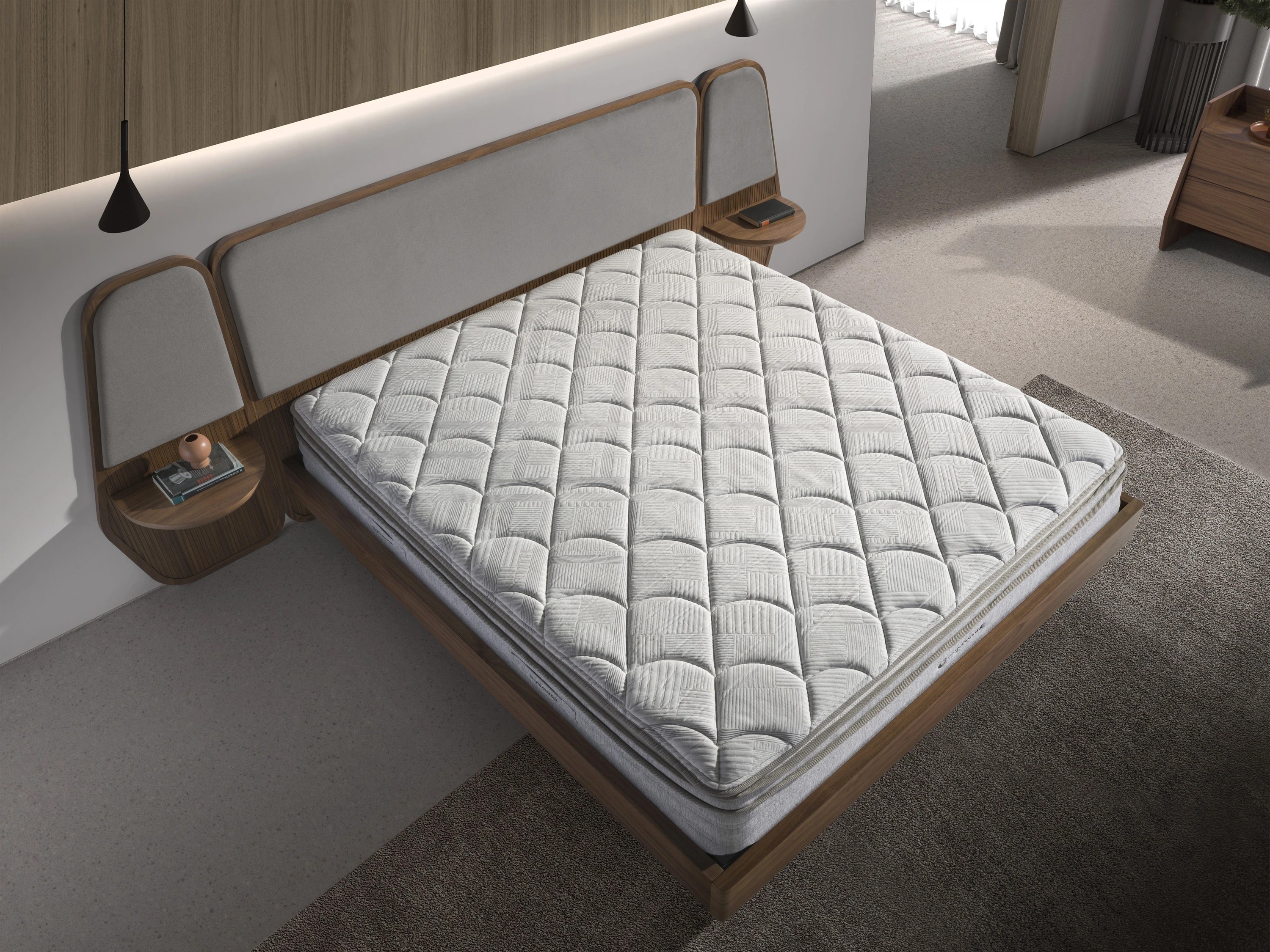 Lit en noyer et tissu gris