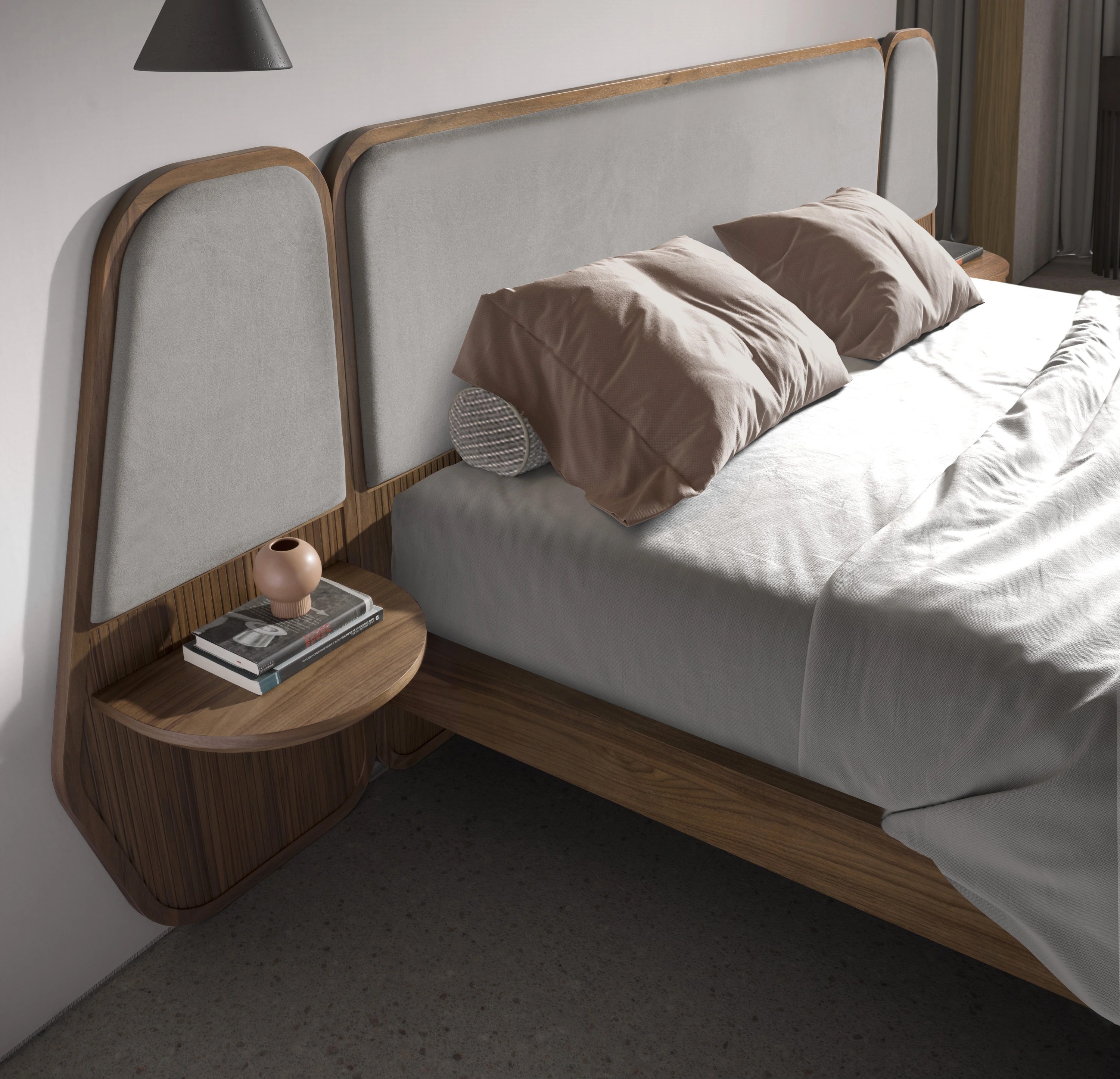Lit en noyer et tissu gris