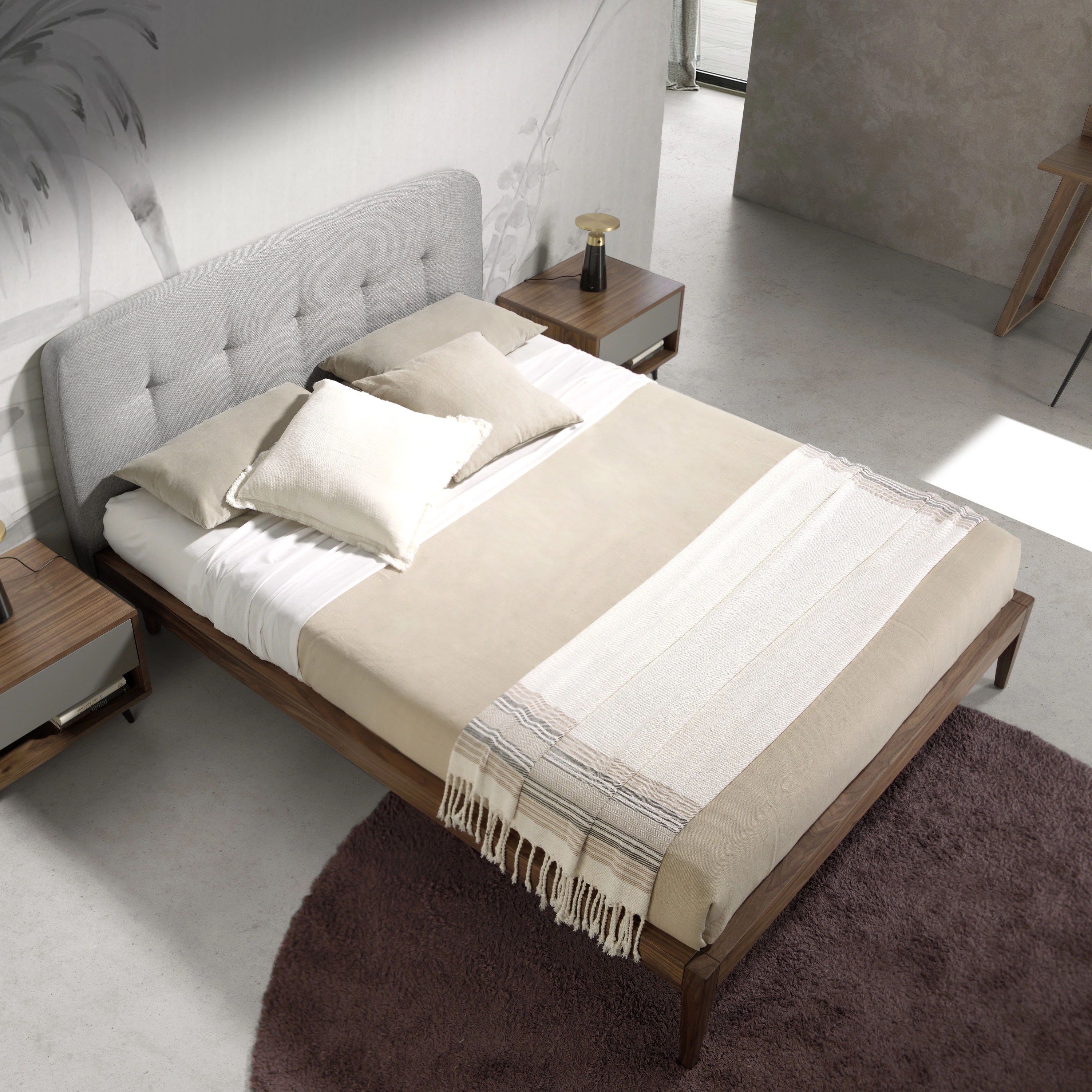 Lit tufté en tissu gris