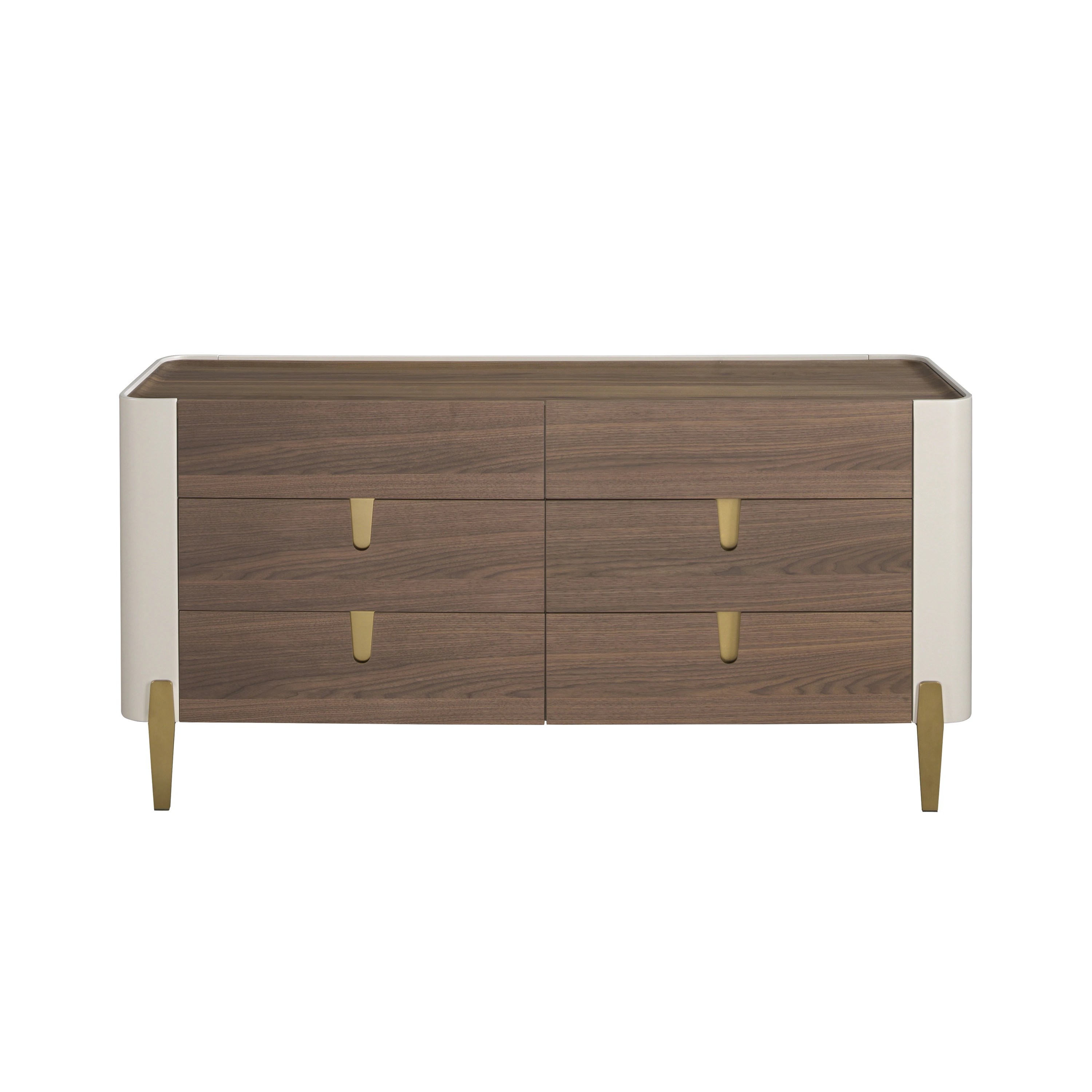 Commode en bois beige, acier poli doré et plateau en noyer