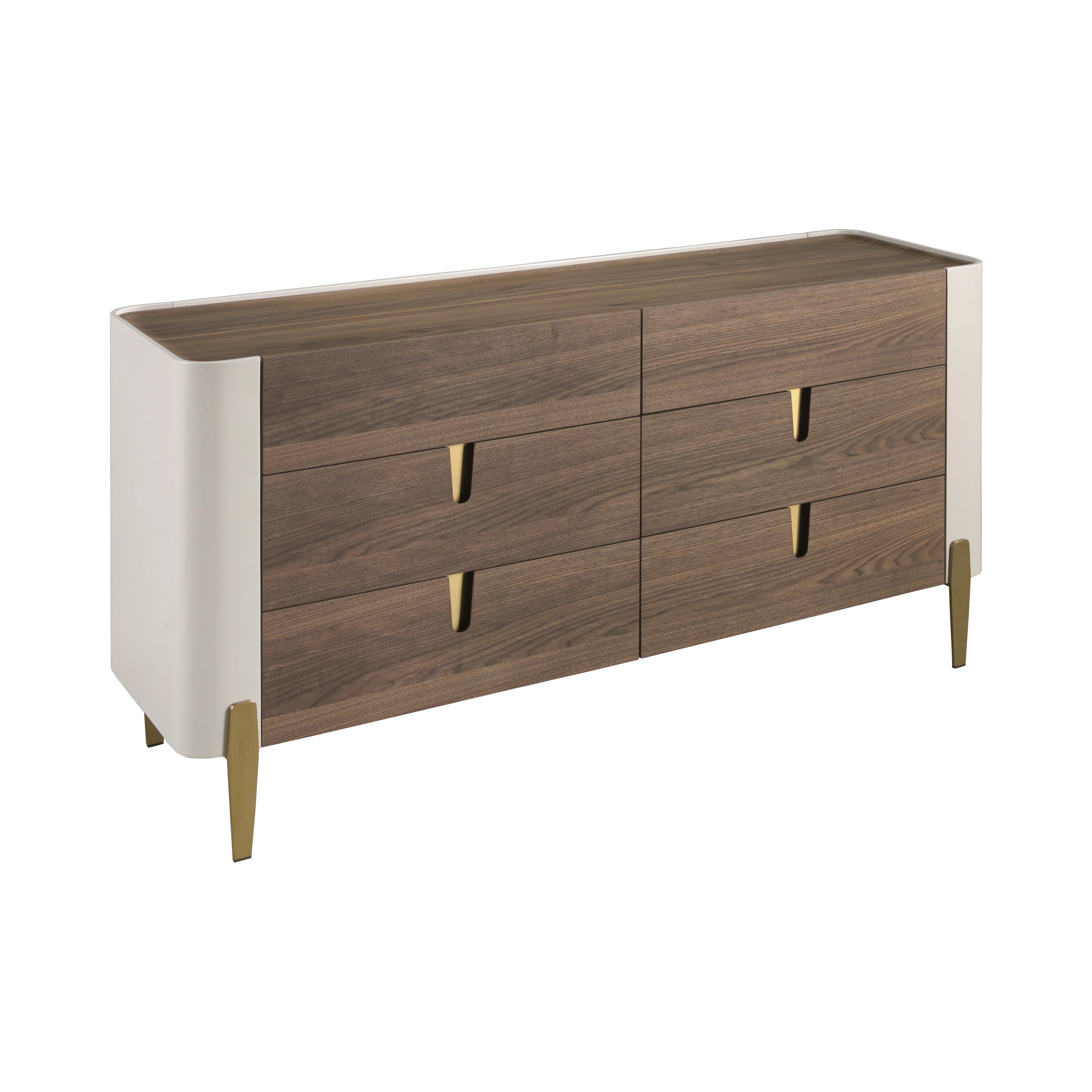 Commode en bois beige, acier poli doré et plateau en noyer
